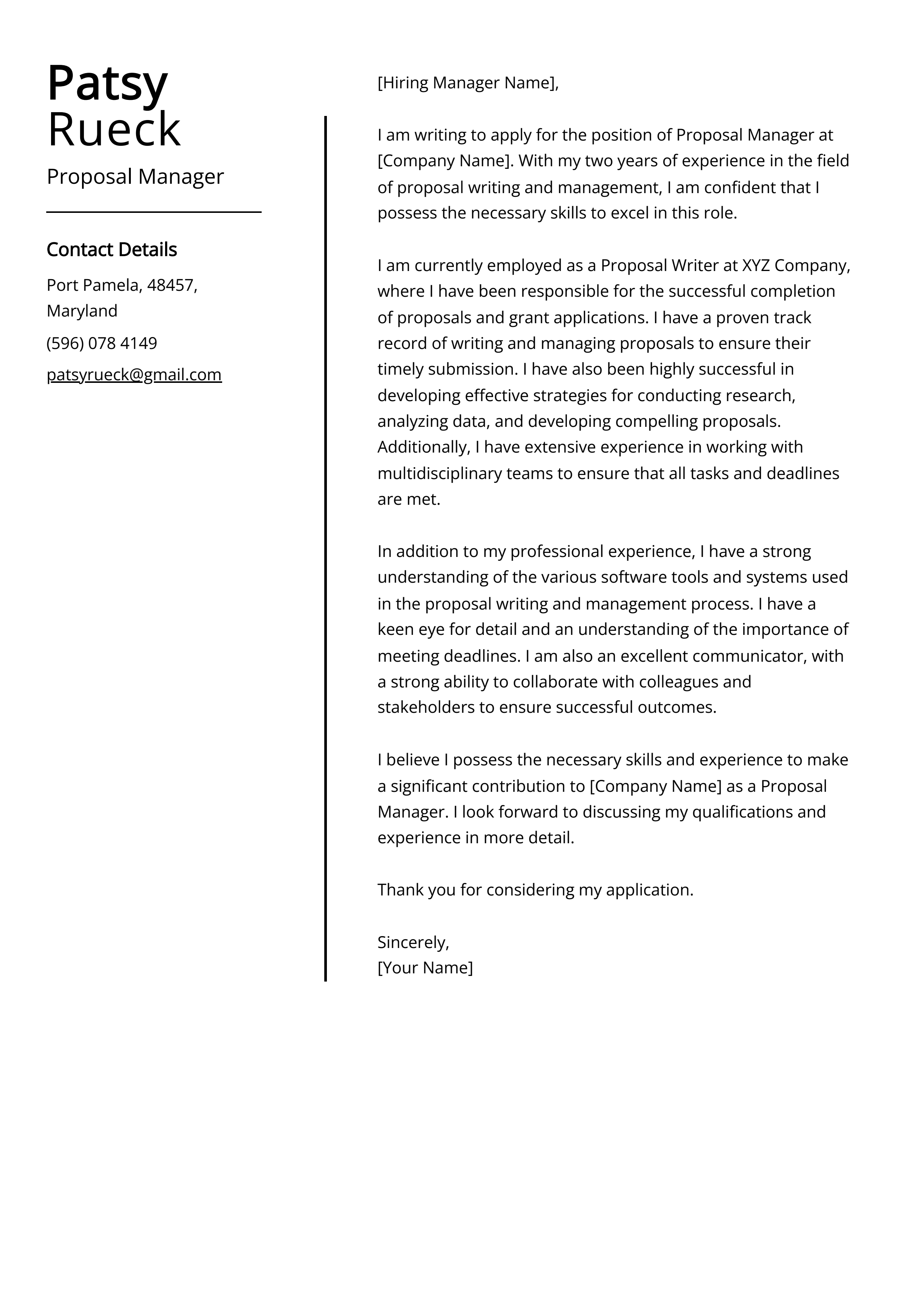 Proposal Manager Cover Letter Example