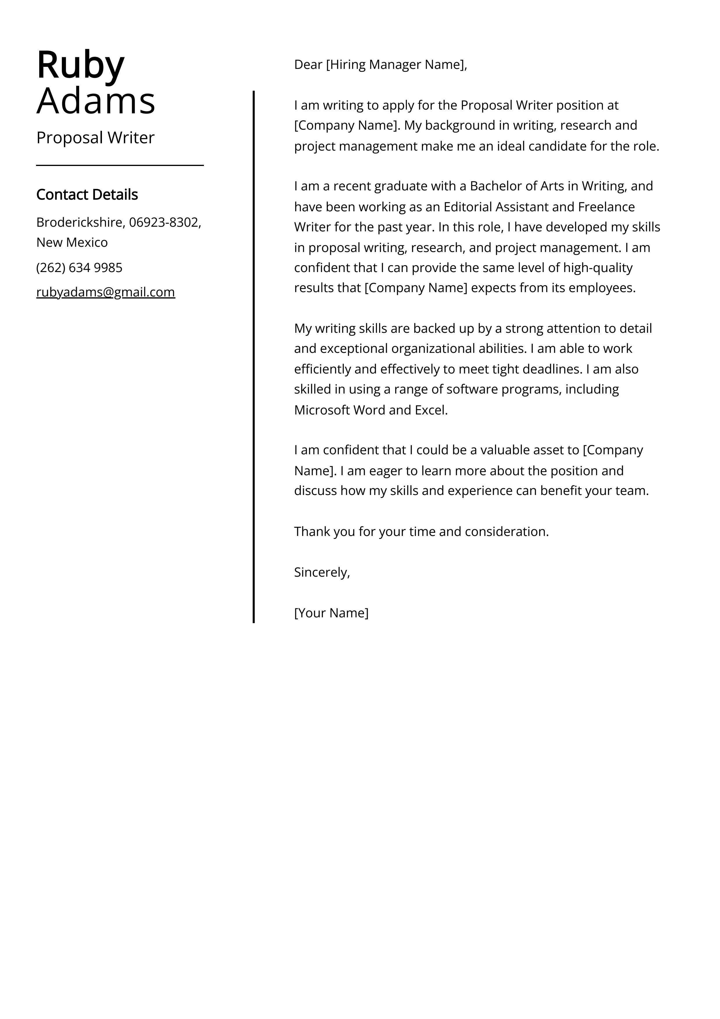 Proposal Writer Cover Letter Example