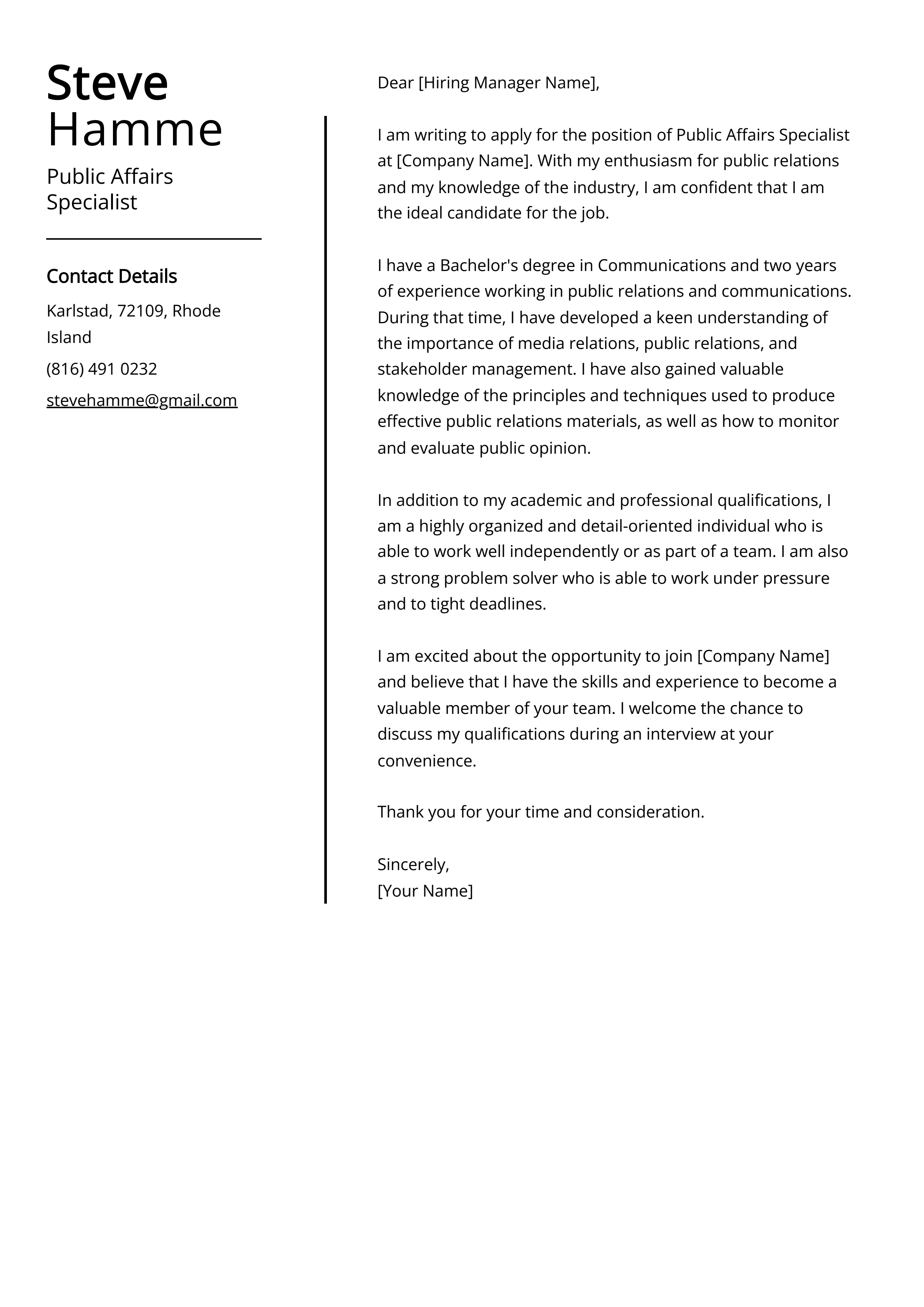 Public Affairs Specialist Cover Letter Example