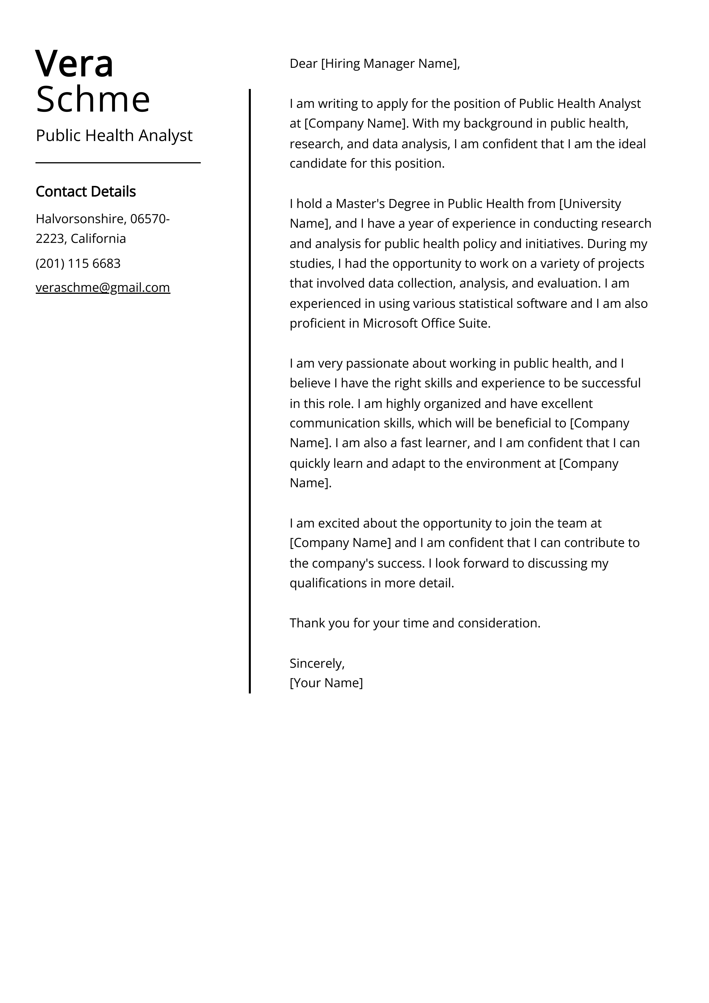 Public Health Analyst Cover Letter Example