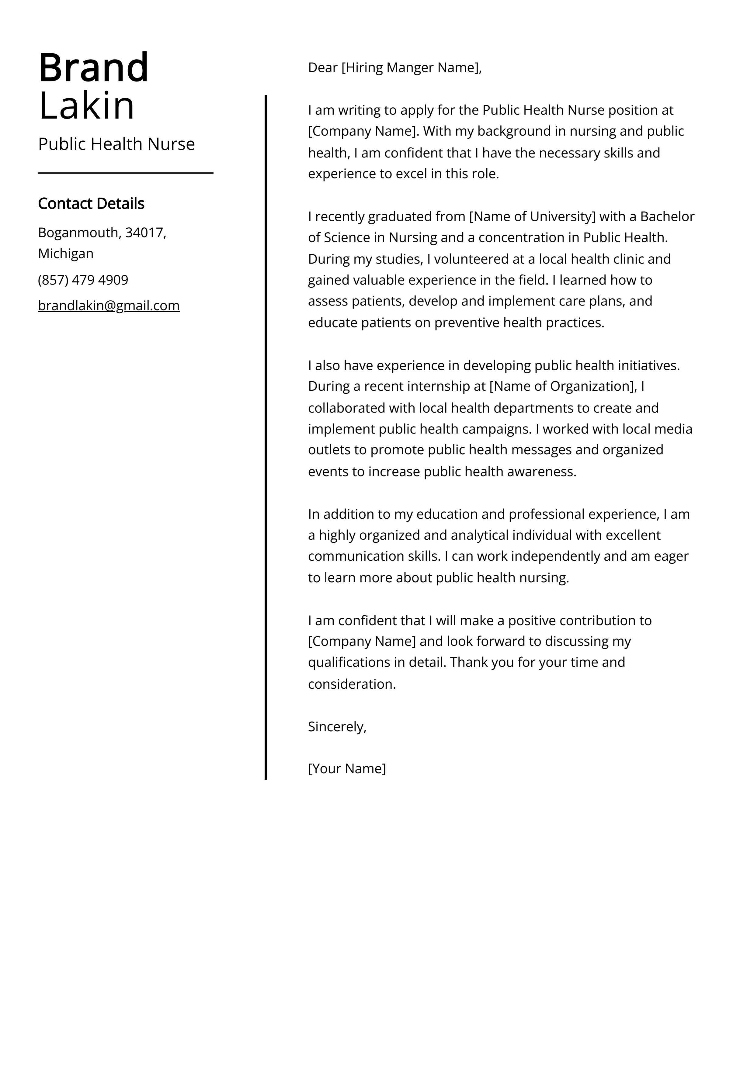 Public Health Nurse Cover Letter Example