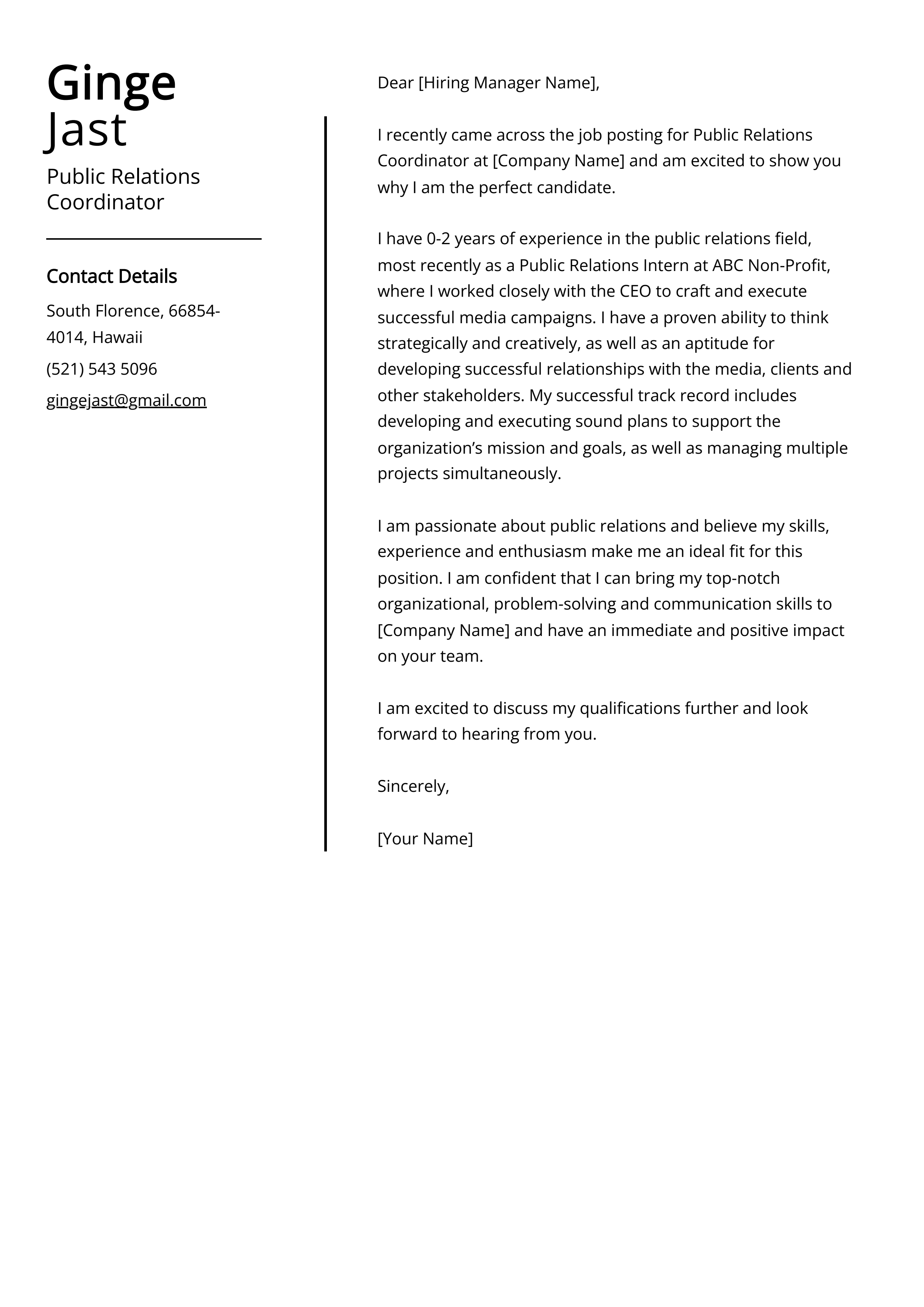 Public Relations Coordinator Cover Letter Example