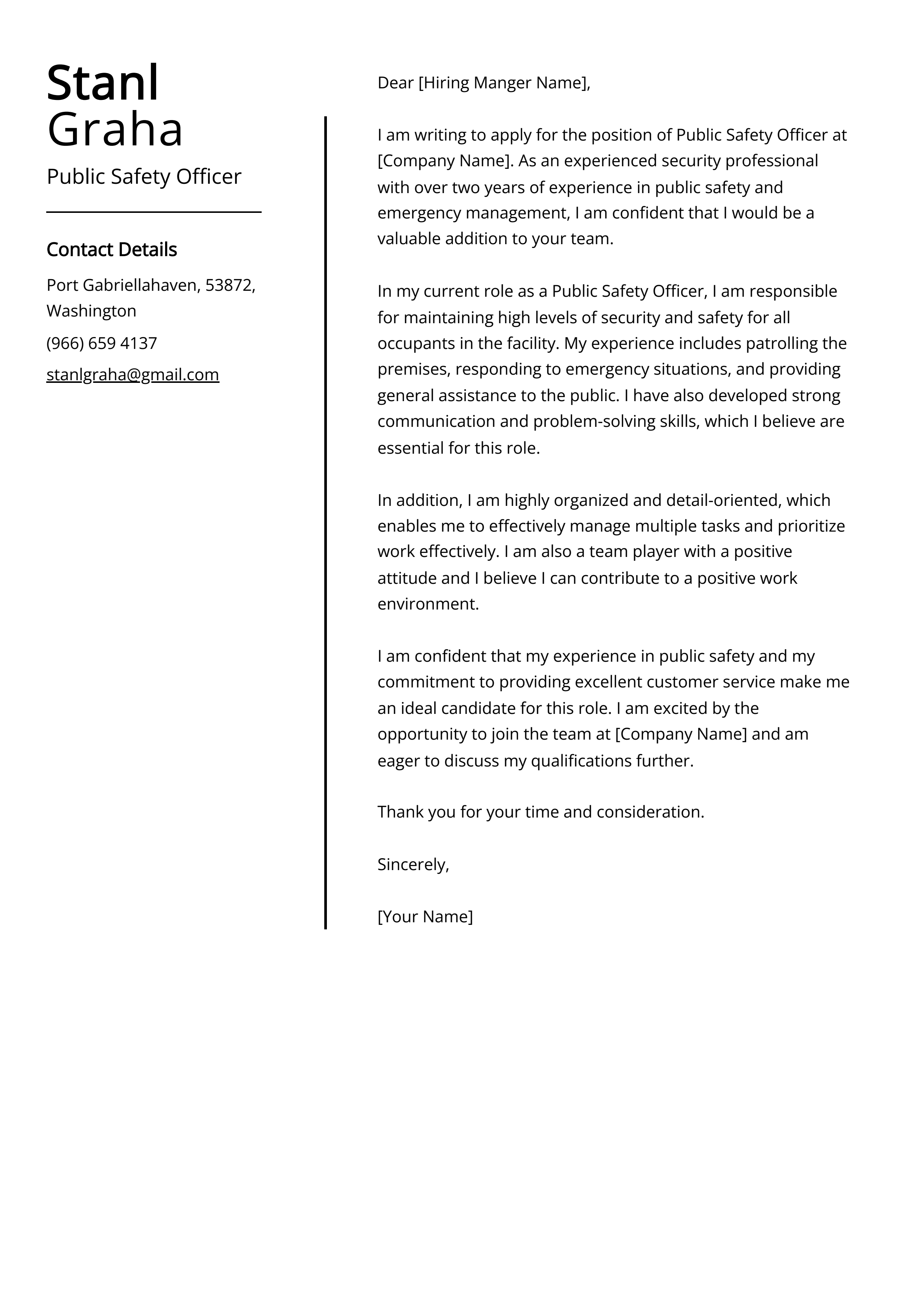 Public Safety Officer Cover Letter Example