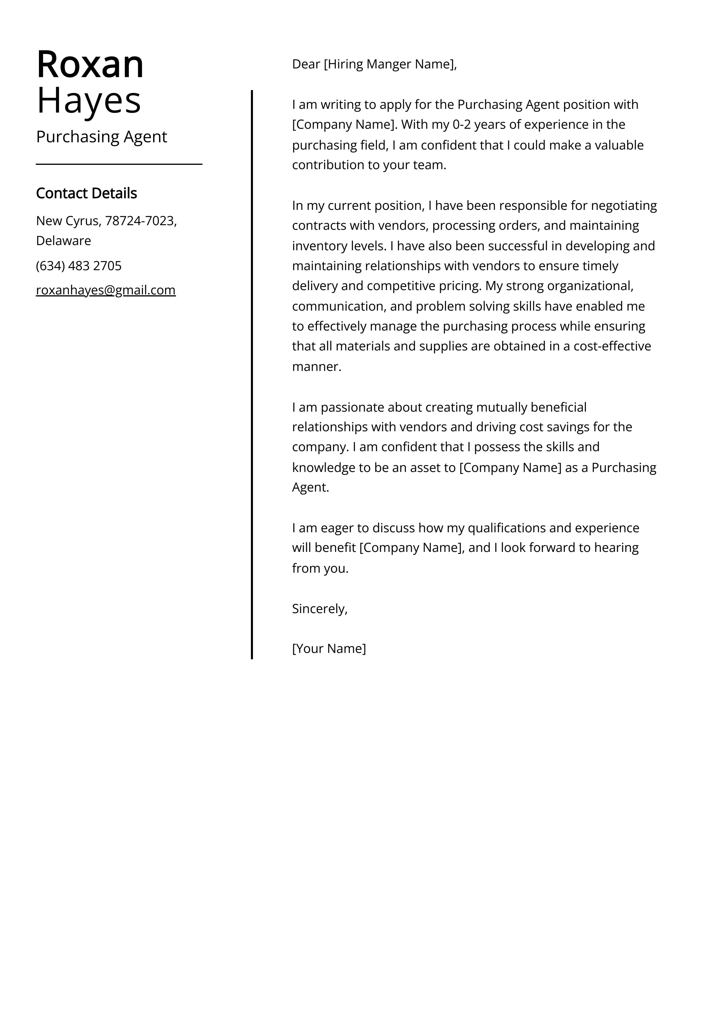 Purchasing Agent Cover Letter Example