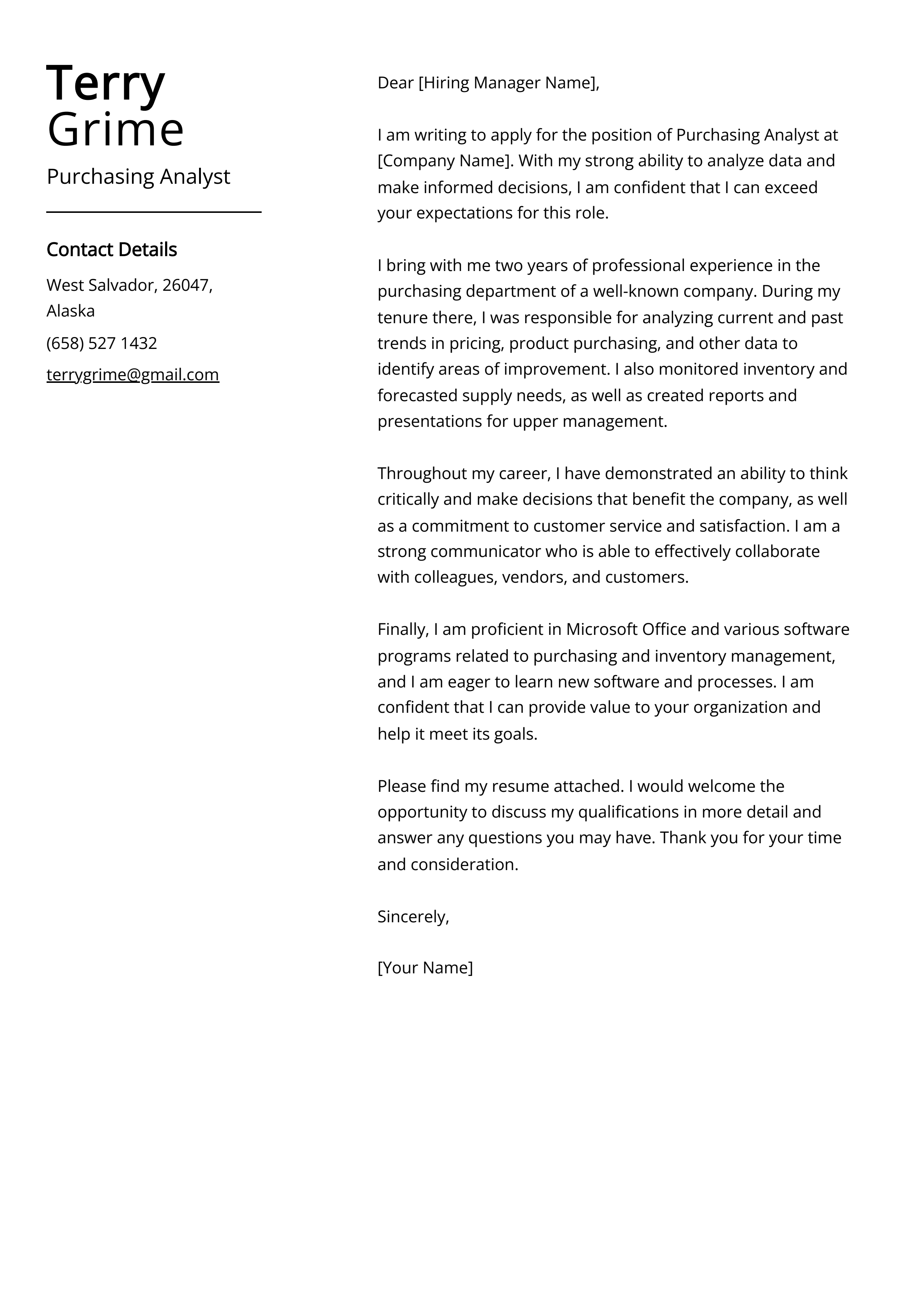Purchasing Analyst Cover Letter Example