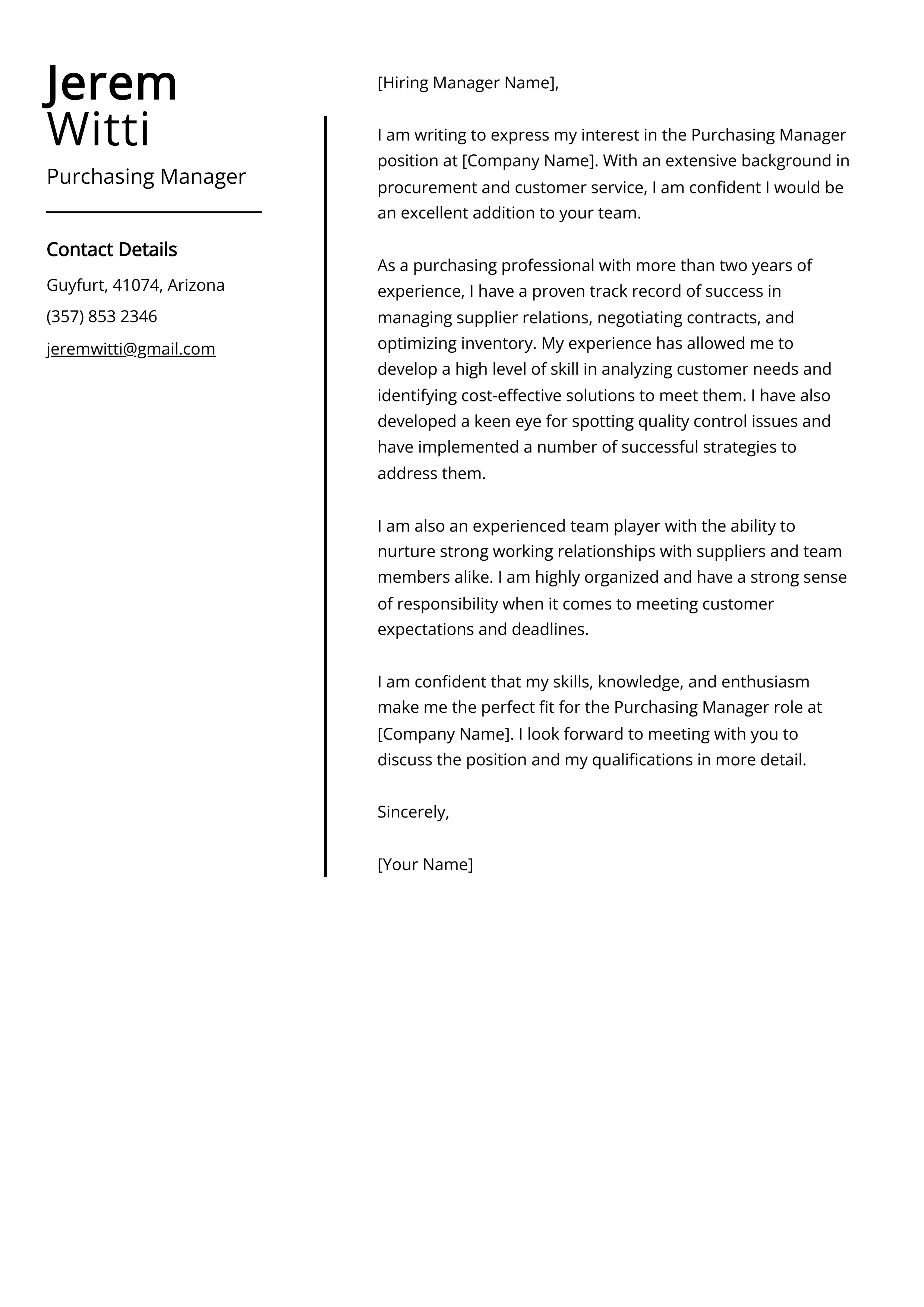 Purchasing Manager Cover Letter Example