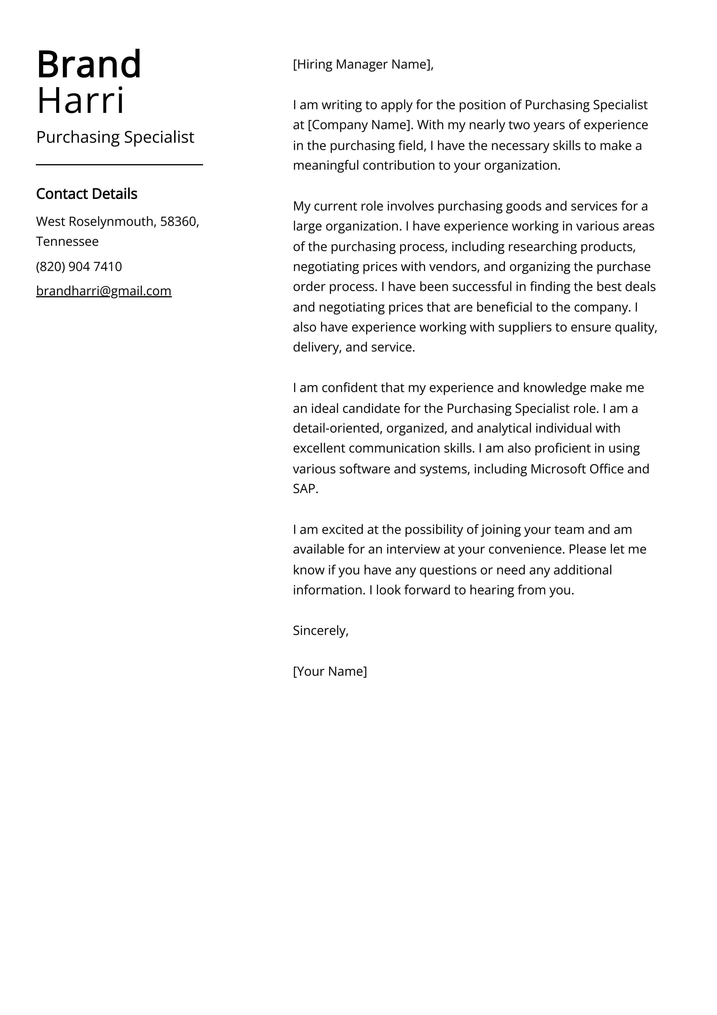 Purchasing Specialist Cover Letter Example