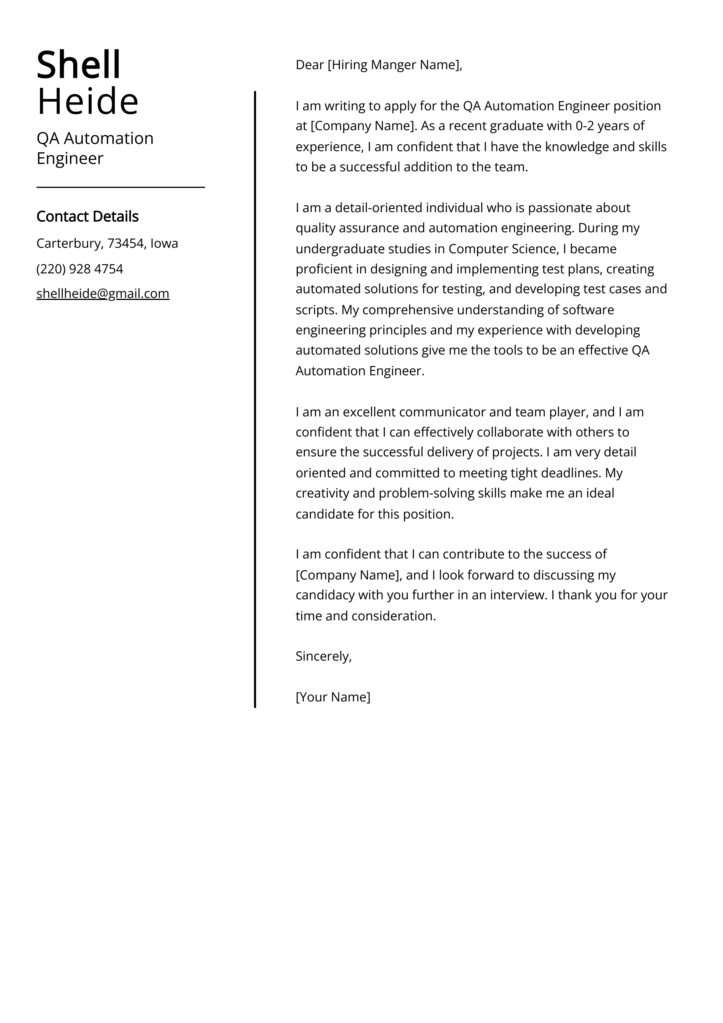 QA Automation Engineer Cover Letter Example