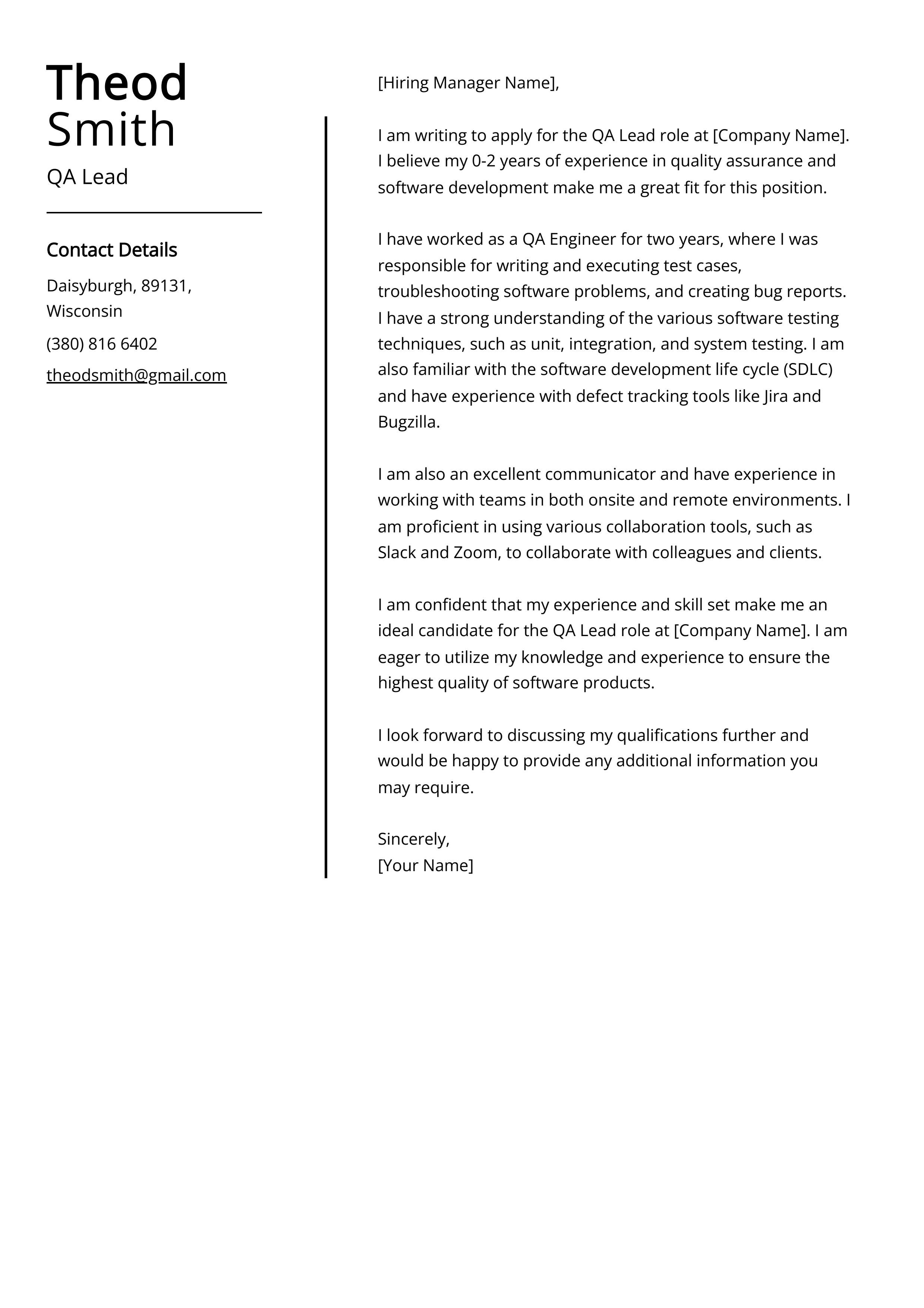QA Lead Cover Letter Example