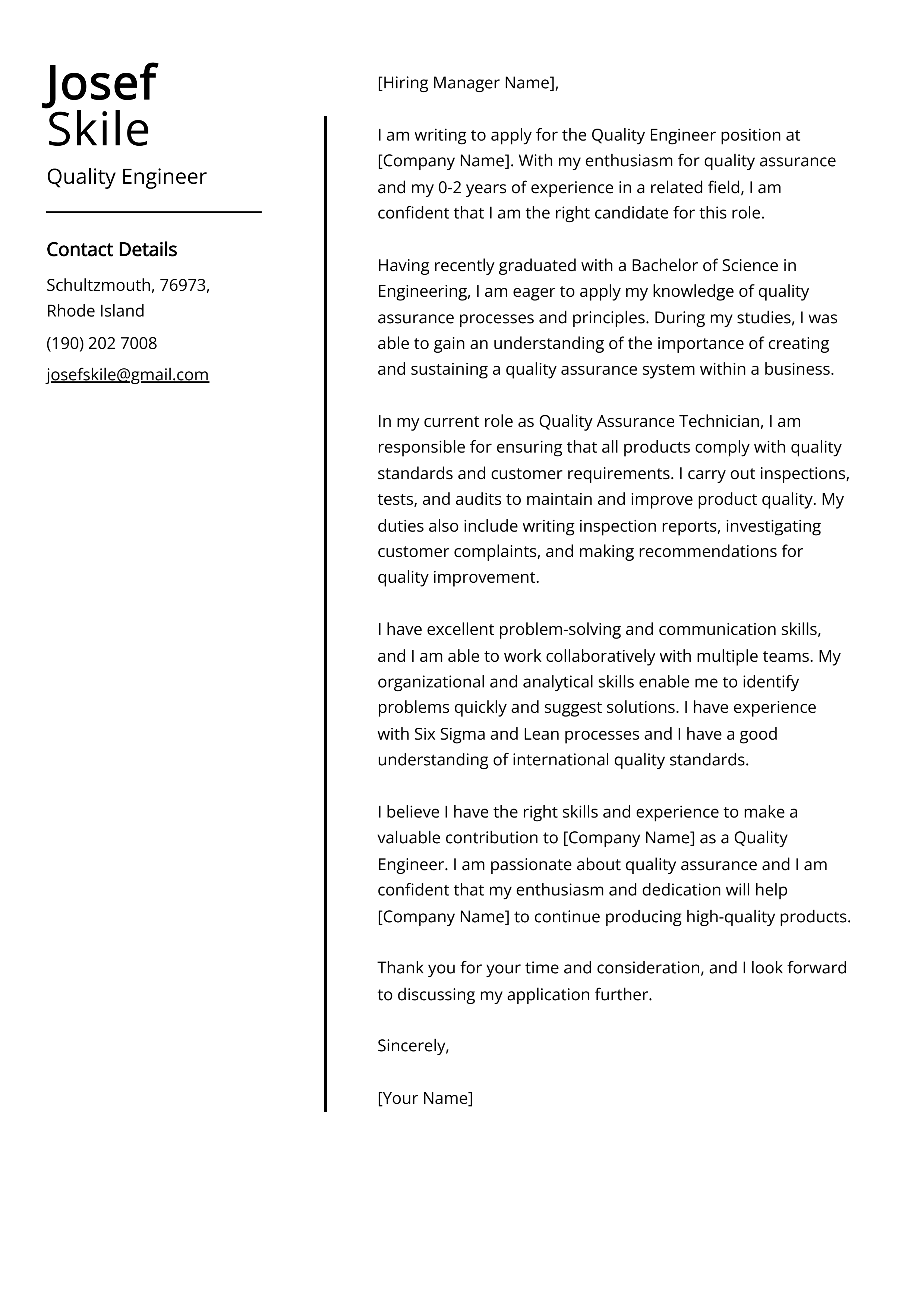 Quality Engineer Cover Letter Example
