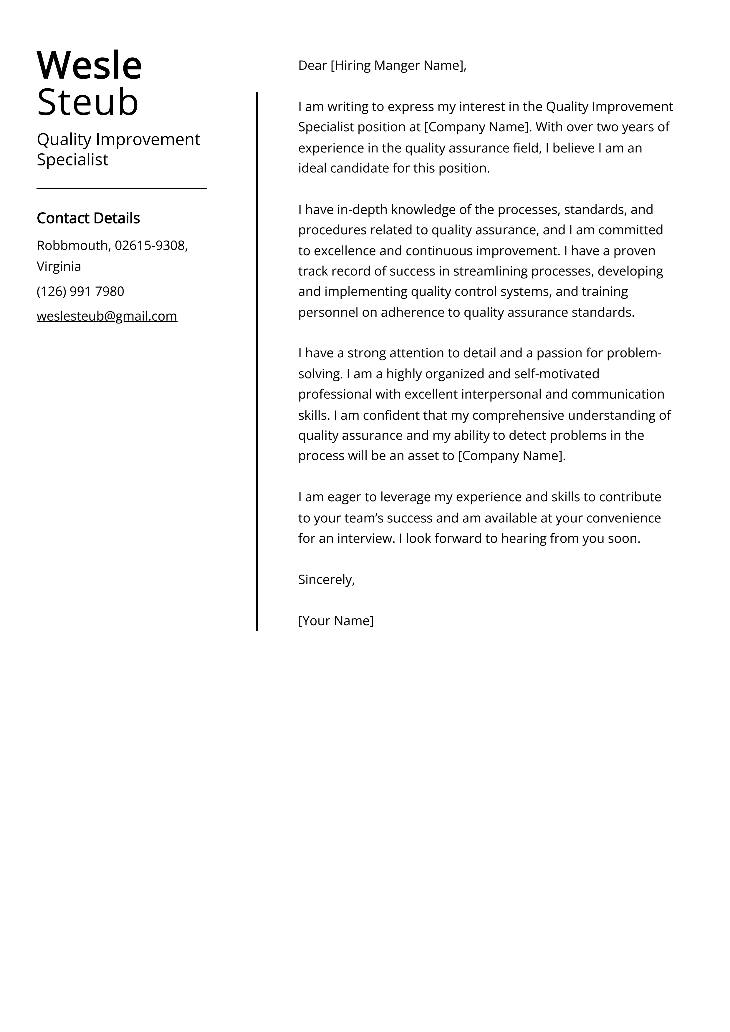 Quality Improvement Specialist Cover Letter Example