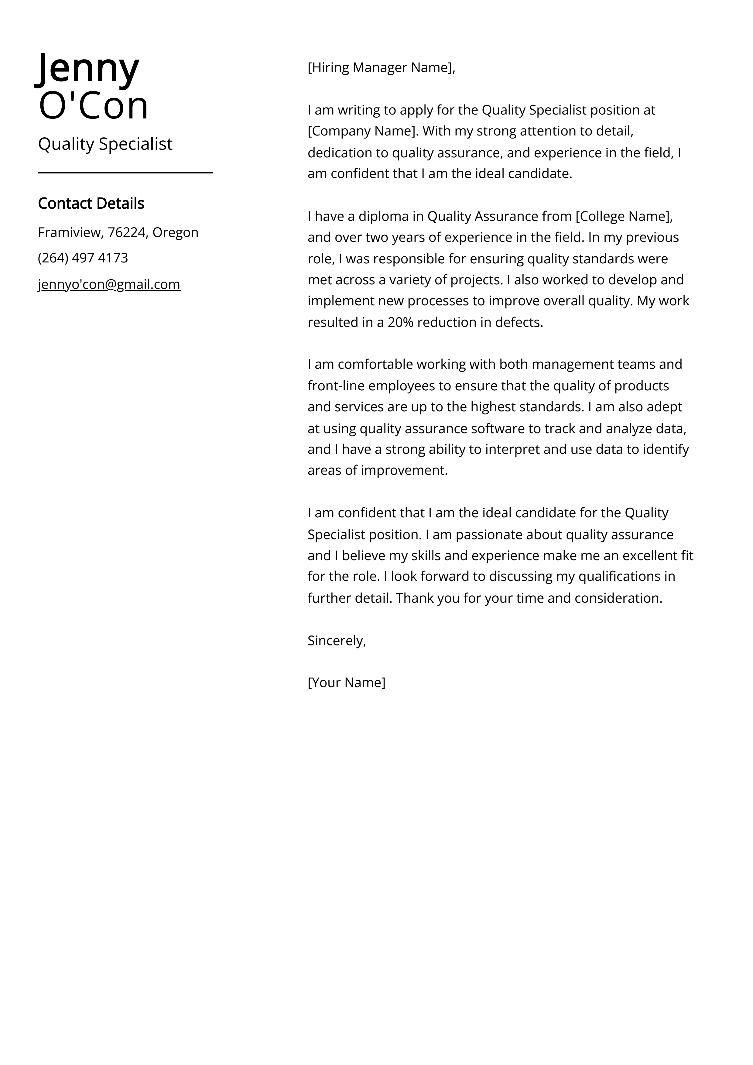 Quality Specialist Cover Letter Examples (Template &amp; 20+ Tips)