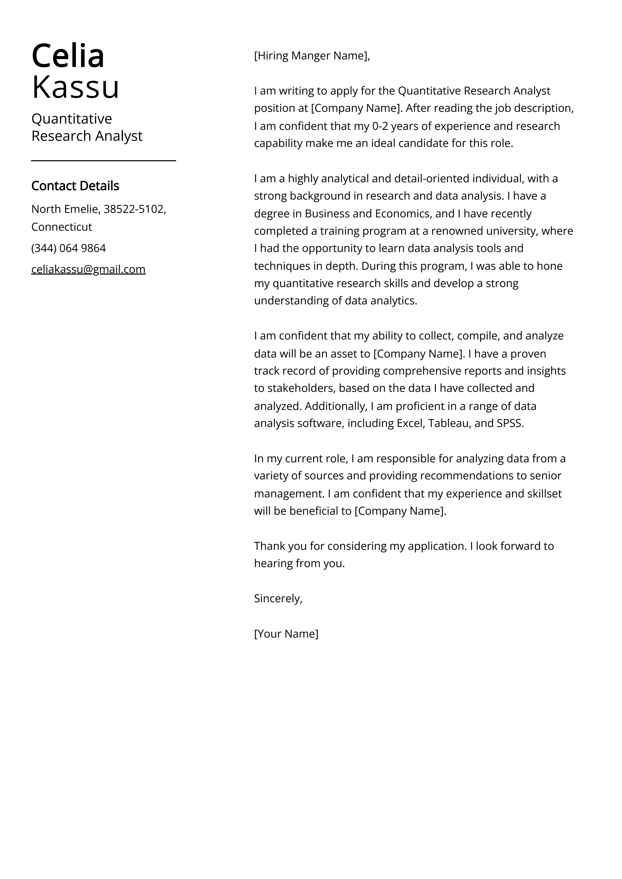 Quantitative Research Analyst Cover Letter Example