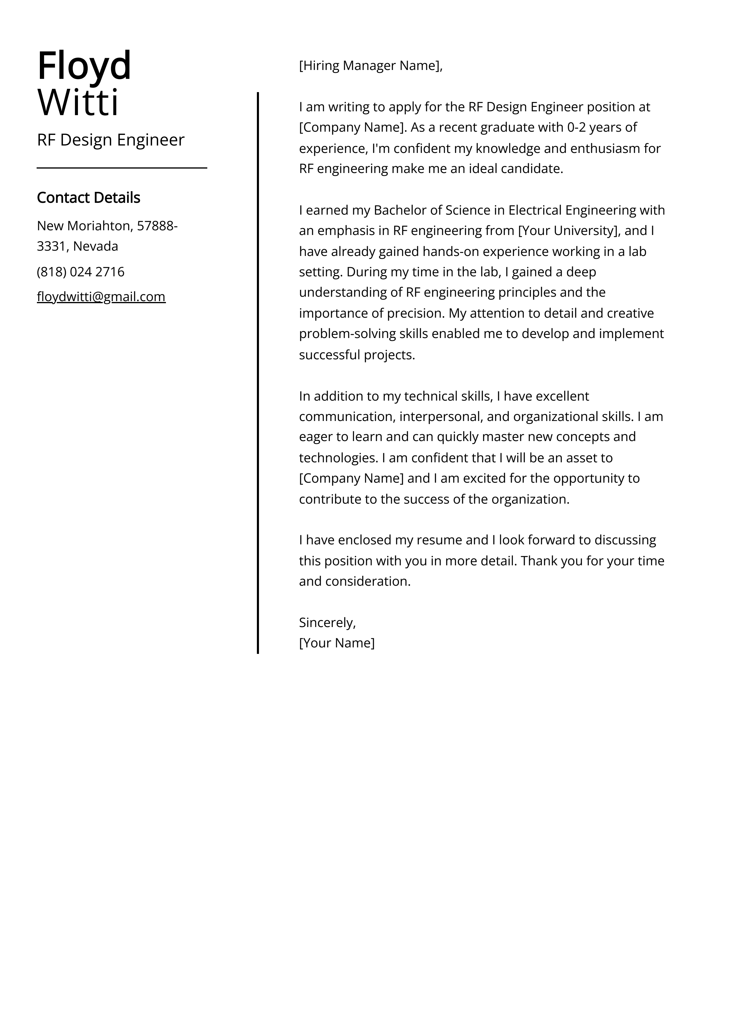 RF Design Engineer Cover Letter Example