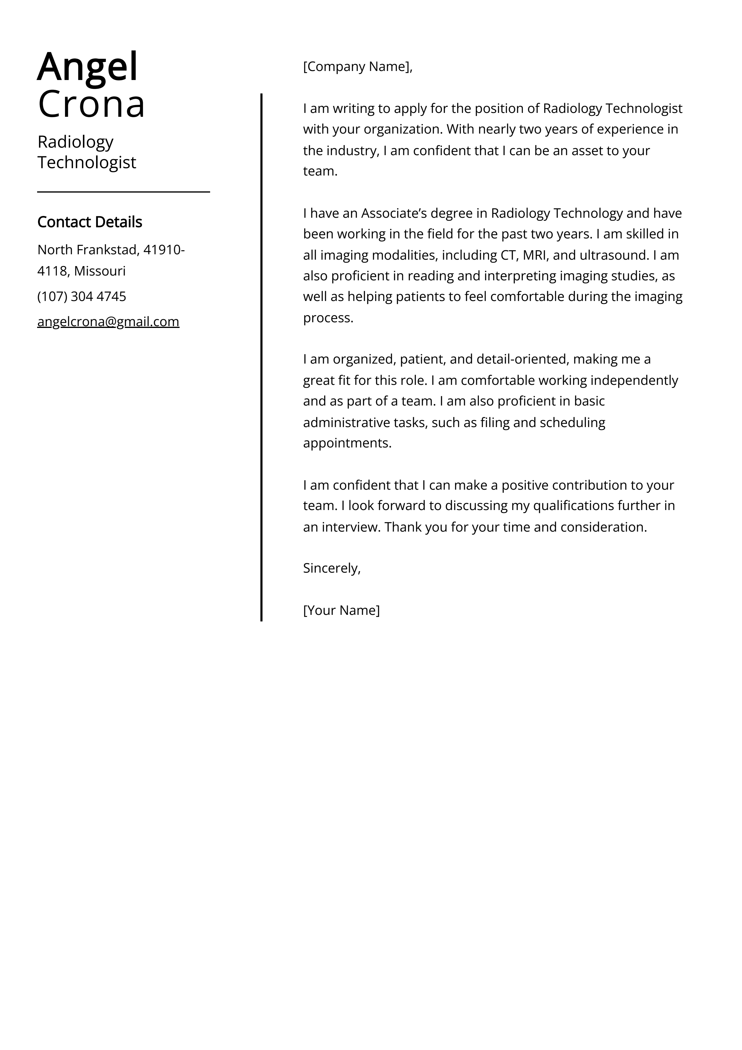 Radiology Technologist Cover Letter Example