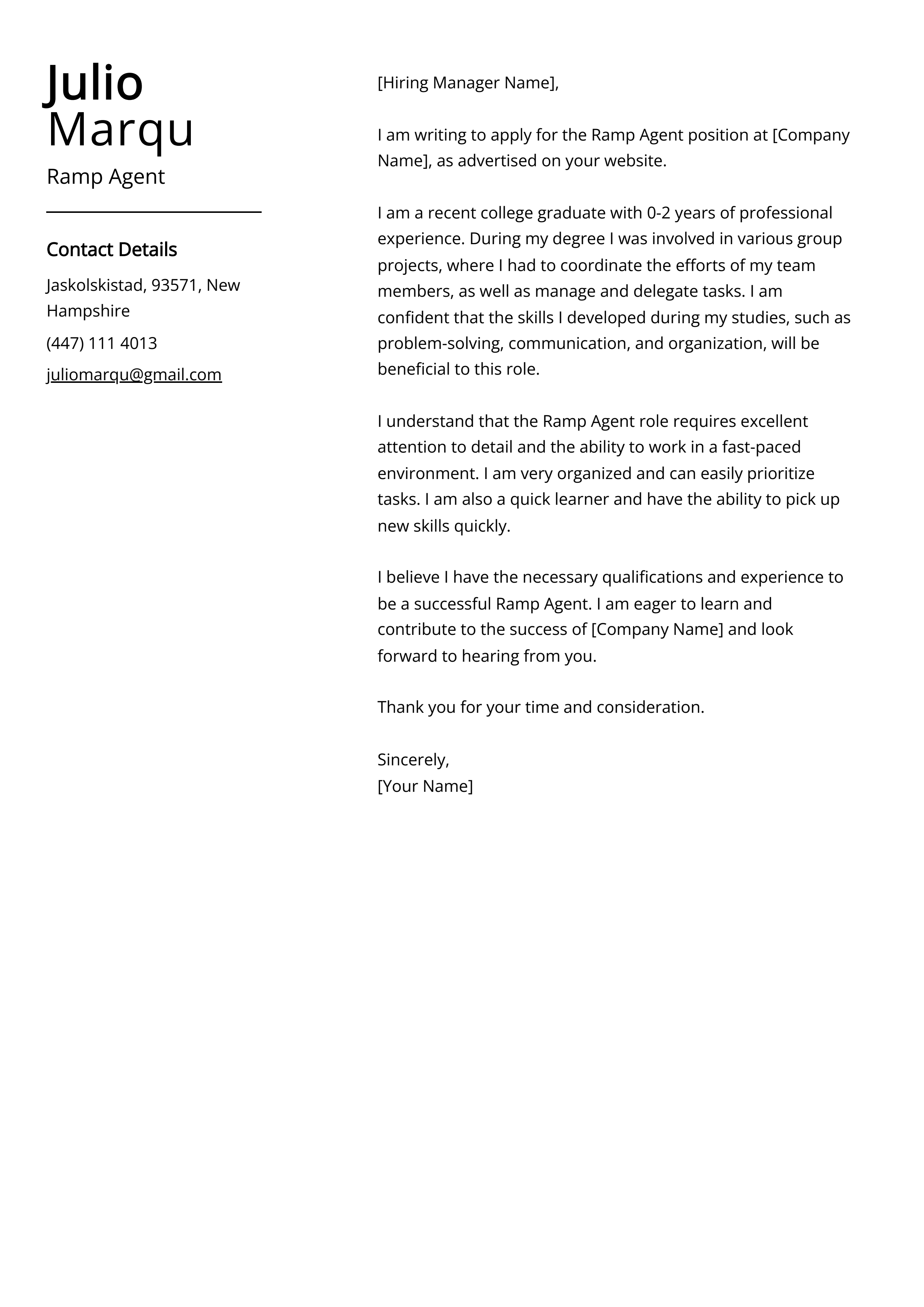 Ramp Agent Cover Letter Example