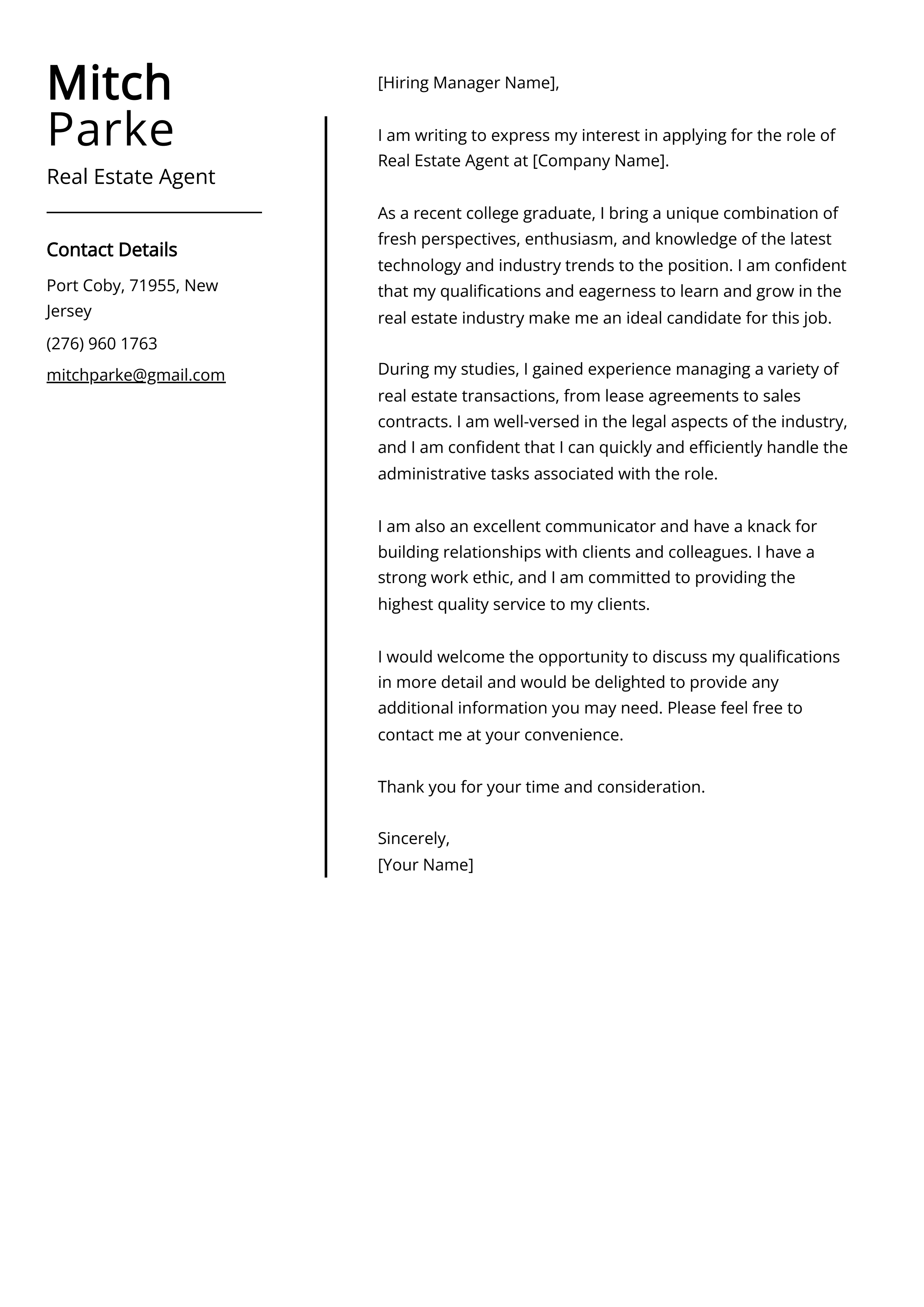 Experienced Real Estate Agent Cover Letter Example