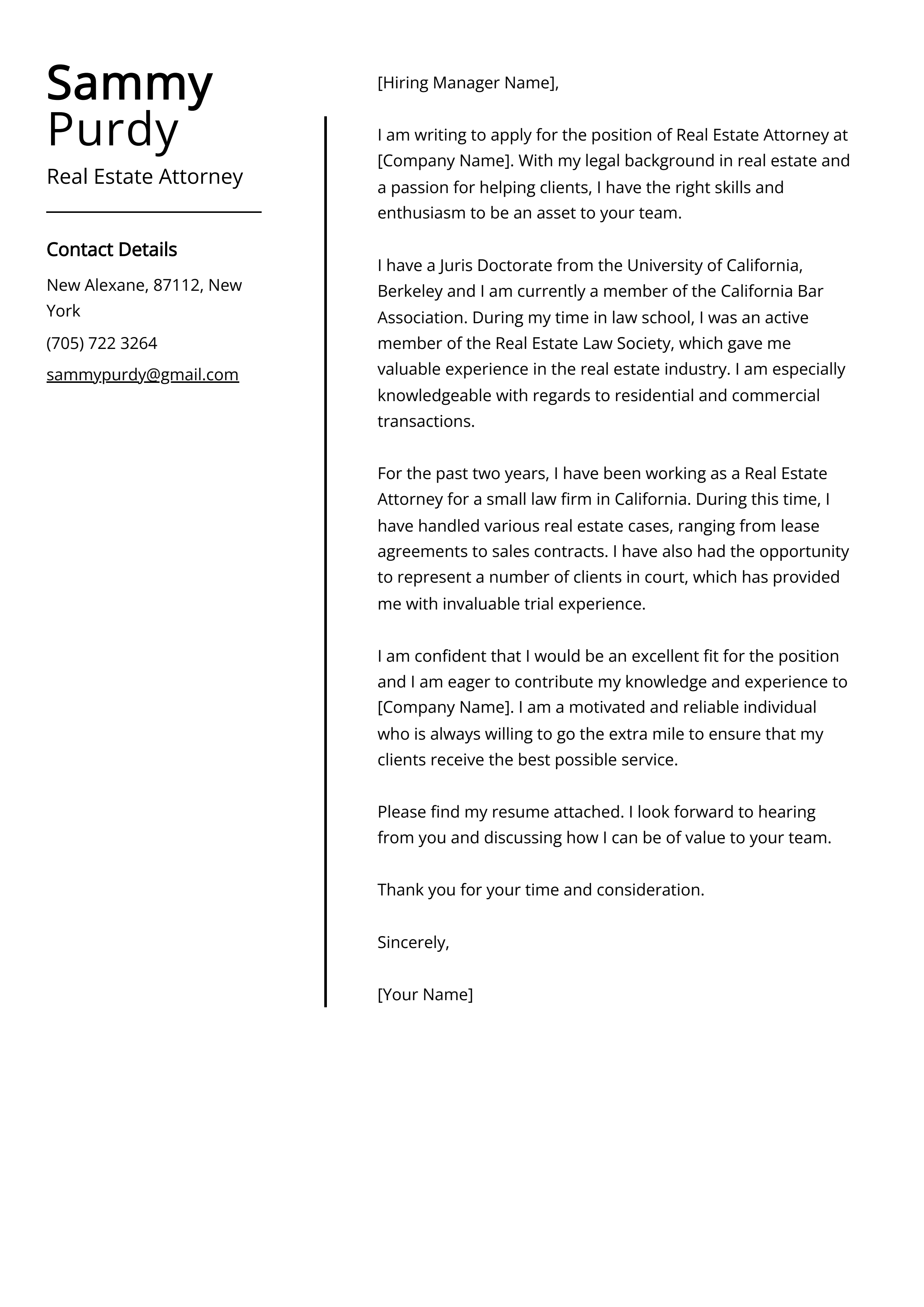 Real Estate Attorney Cover Letter Example