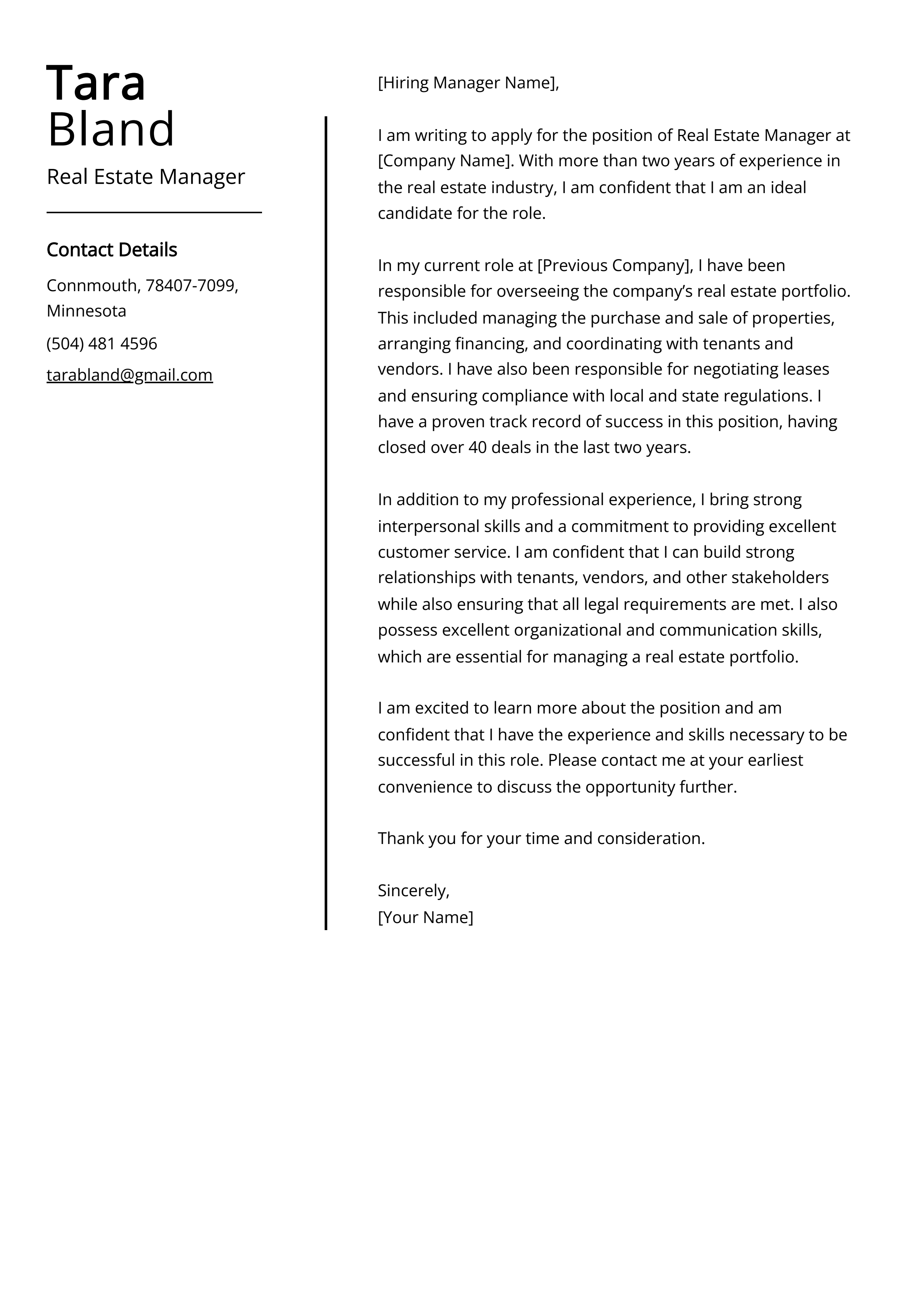 Real Estate Manager Cover Letter Example