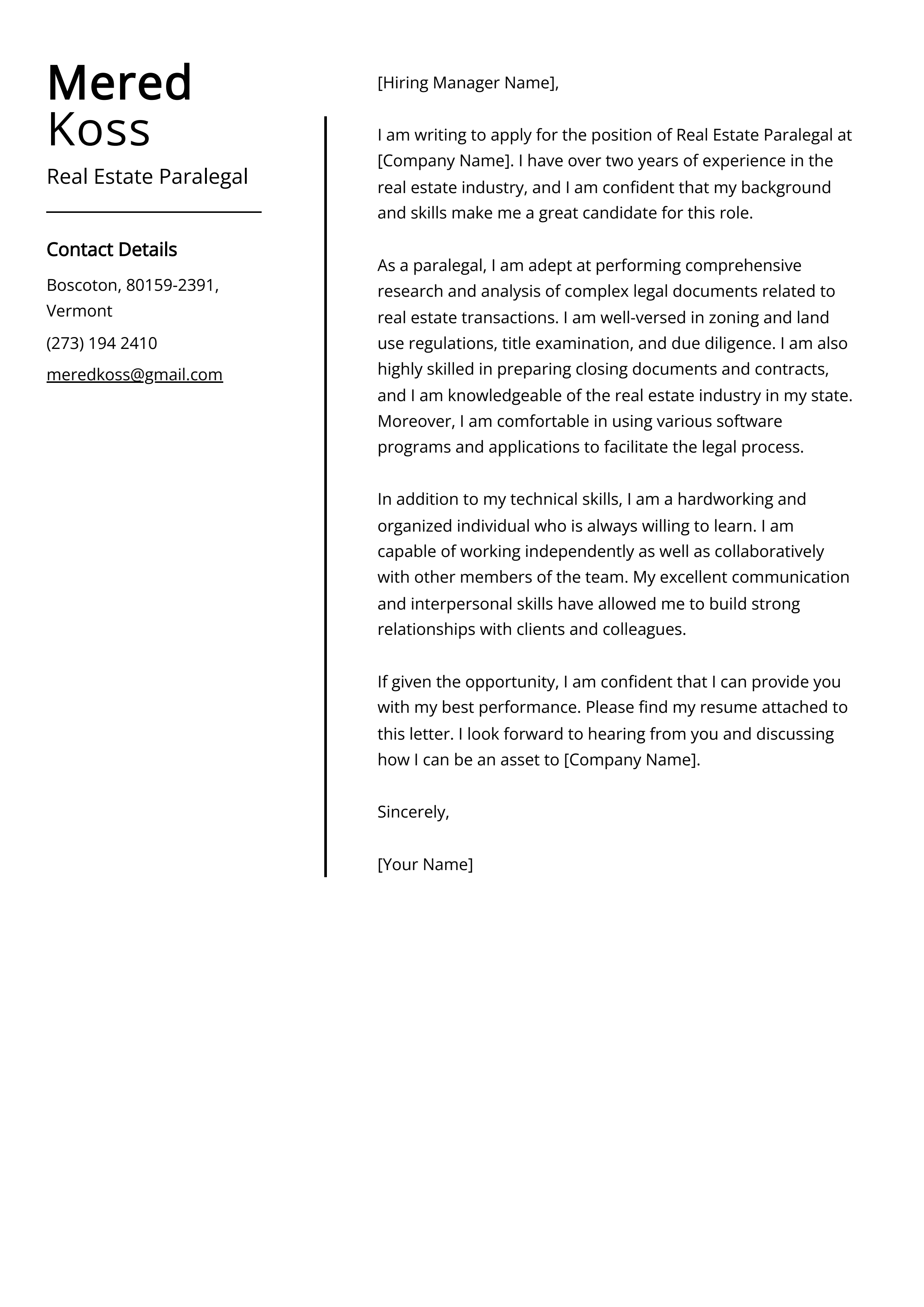 Real Estate Paralegal Cover Letter Example