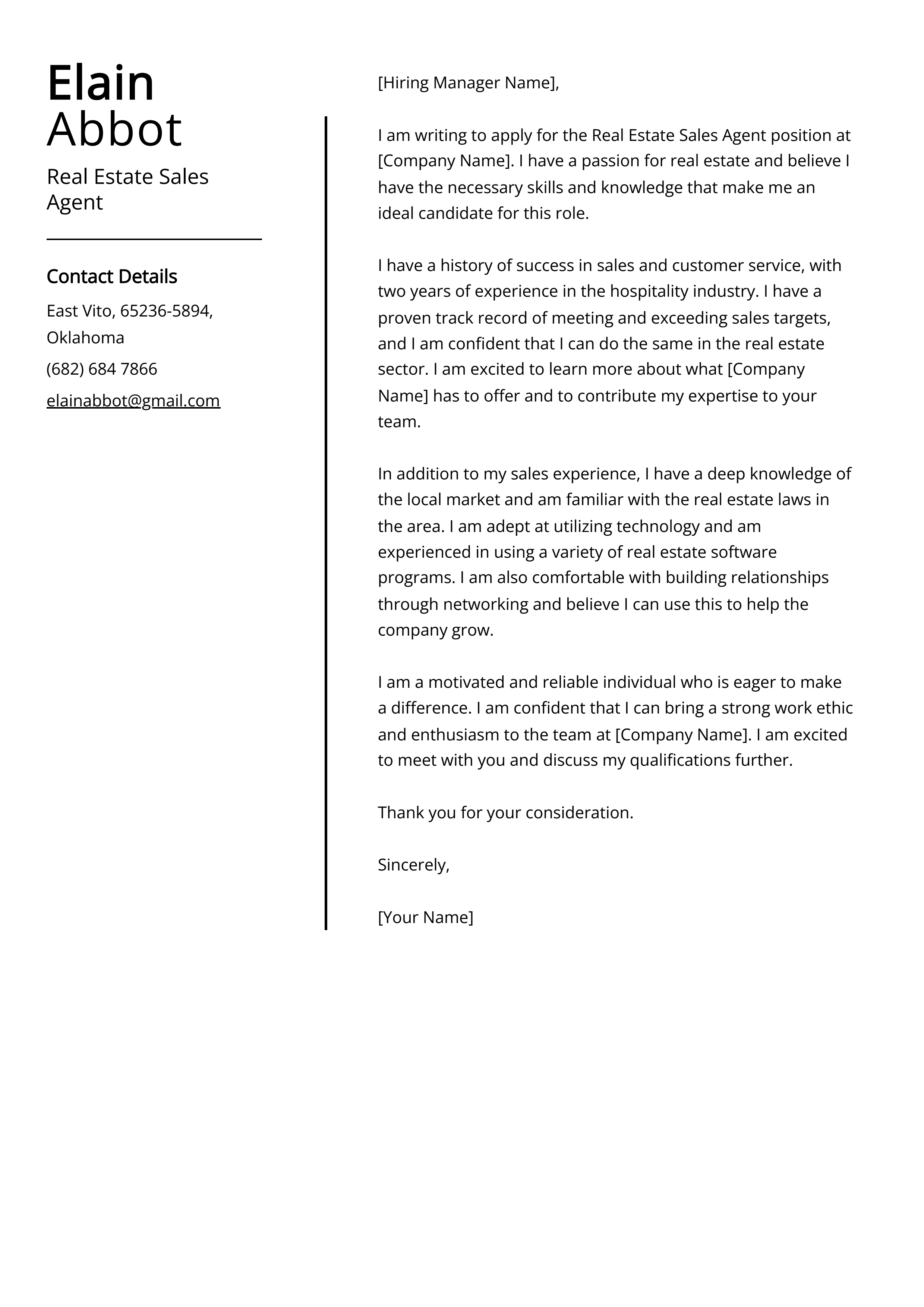 Real Estate Sales Agent Cover Letter Example