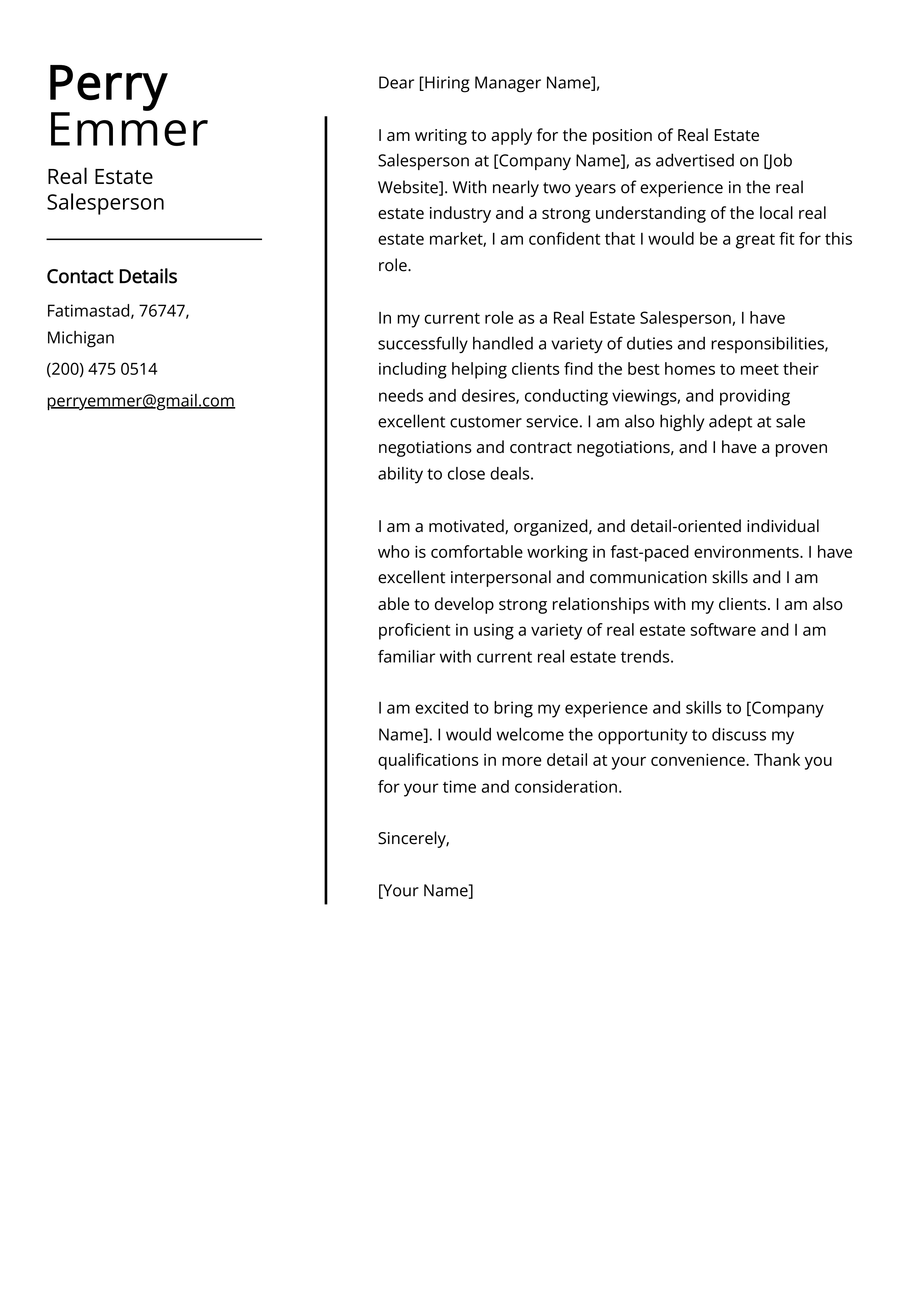 Real Estate Salesperson Cover Letter Example
