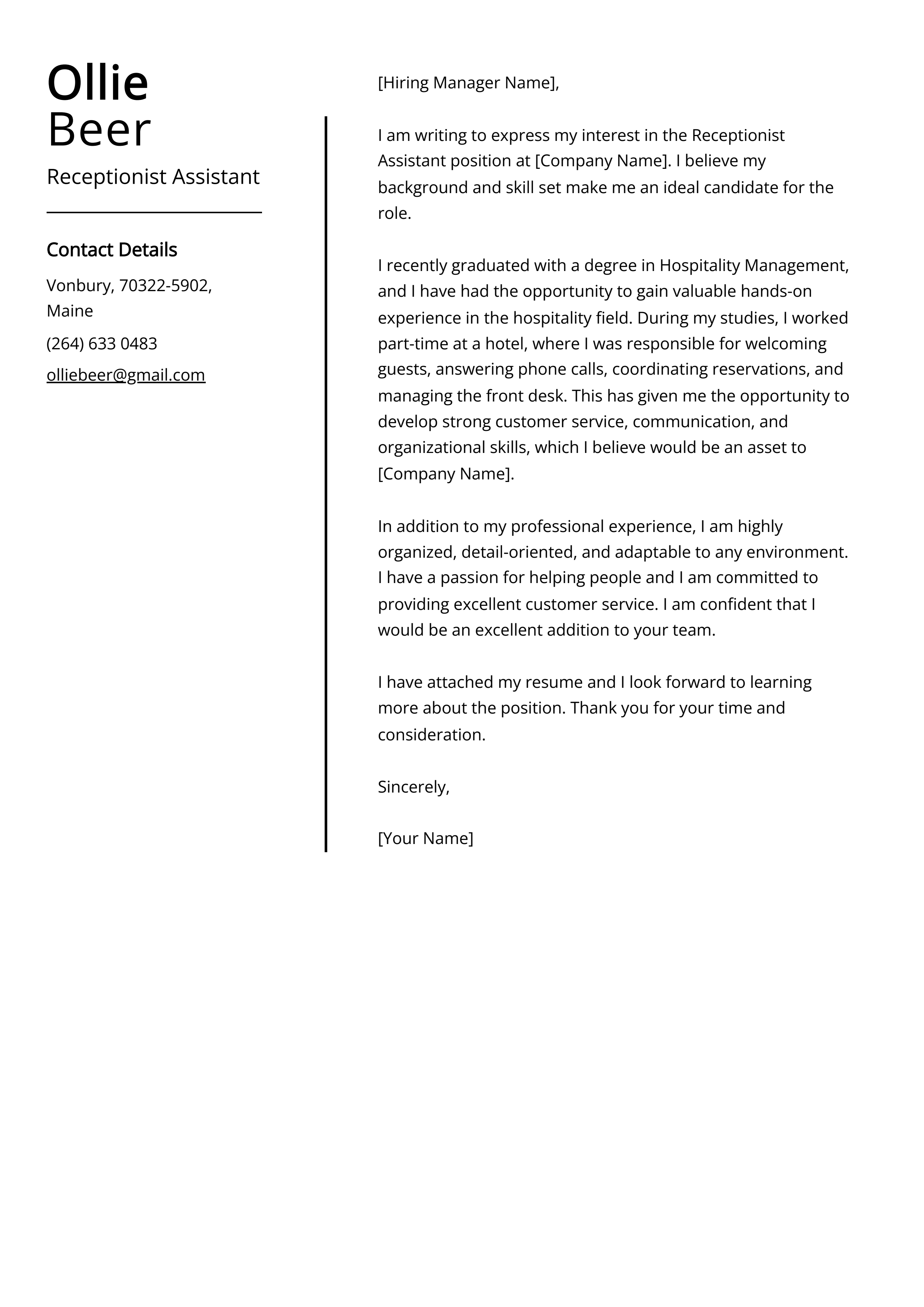 Receptionist Assistant Cover Letter Example