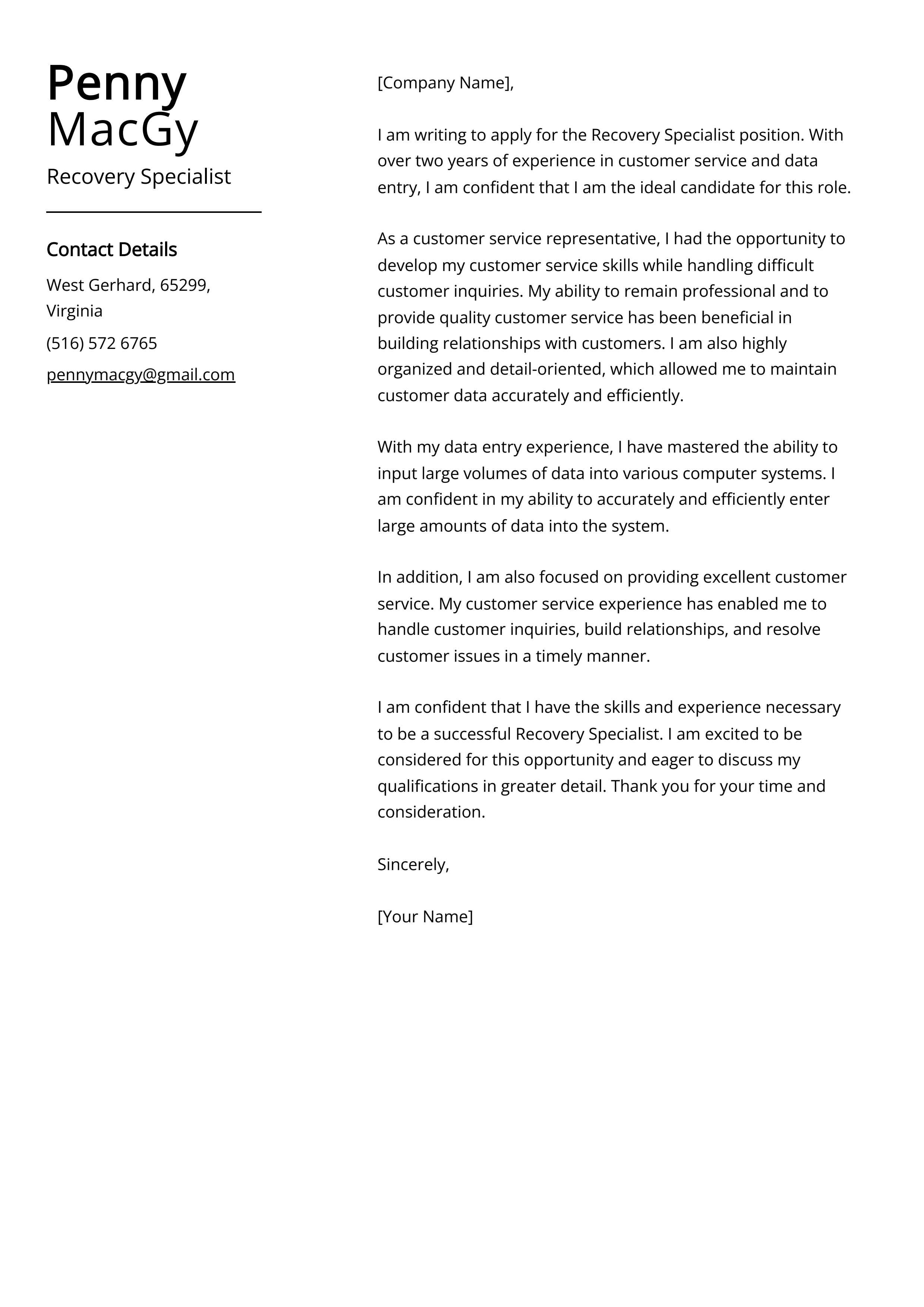 Recovery Specialist Cover Letter Example
