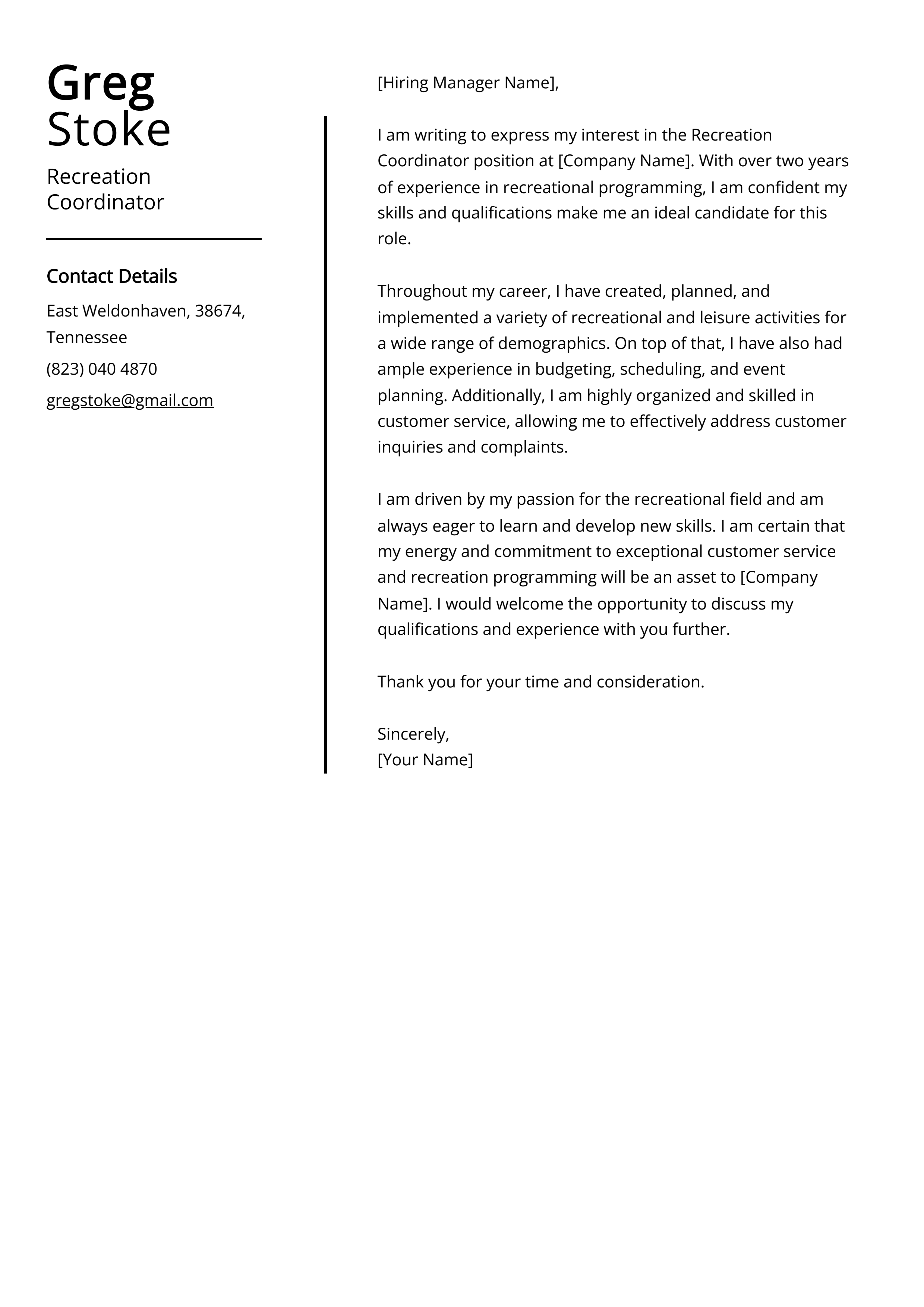 Recreation Coordinator Cover Letter Example