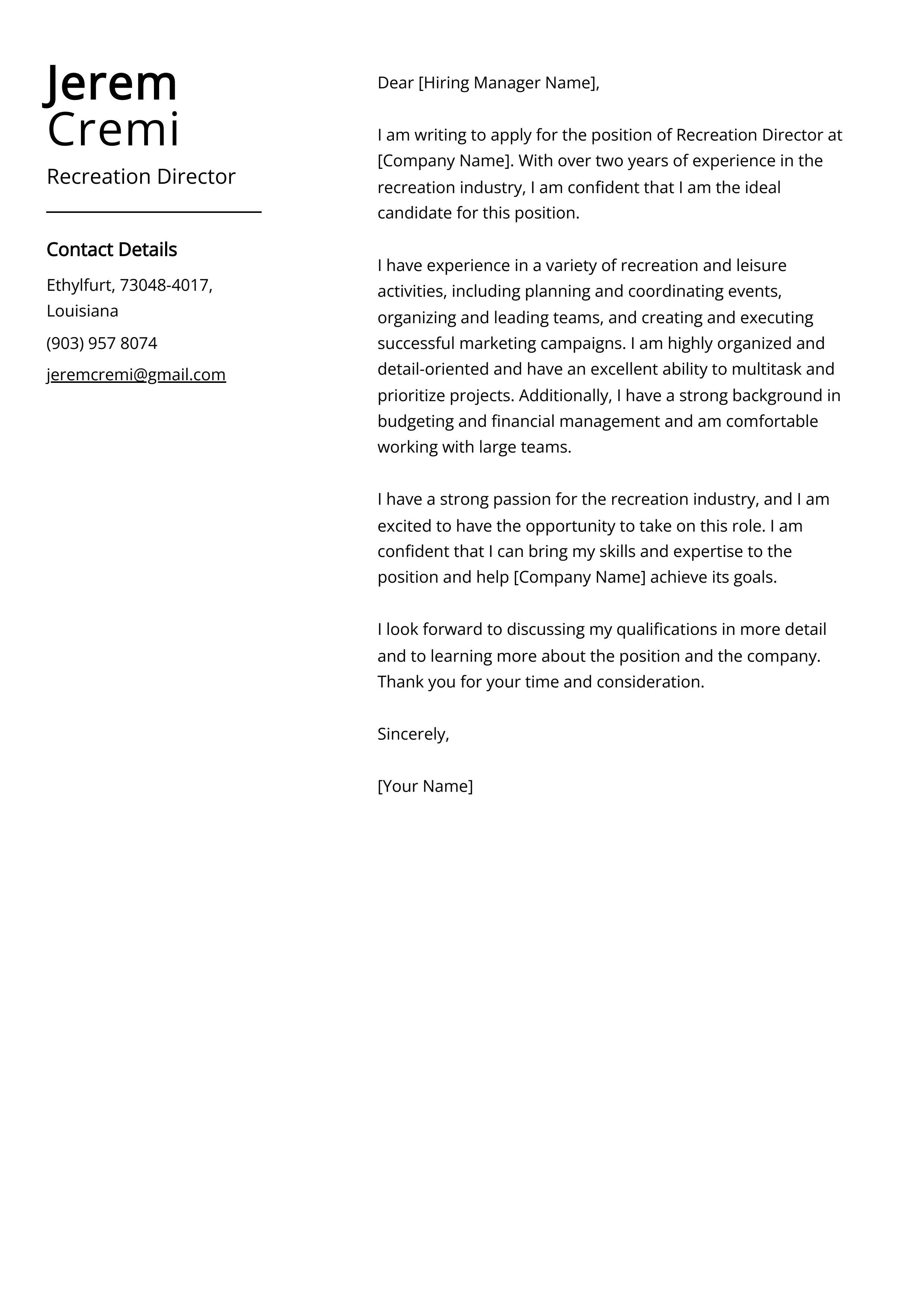 Recreation Director Cover Letter Example