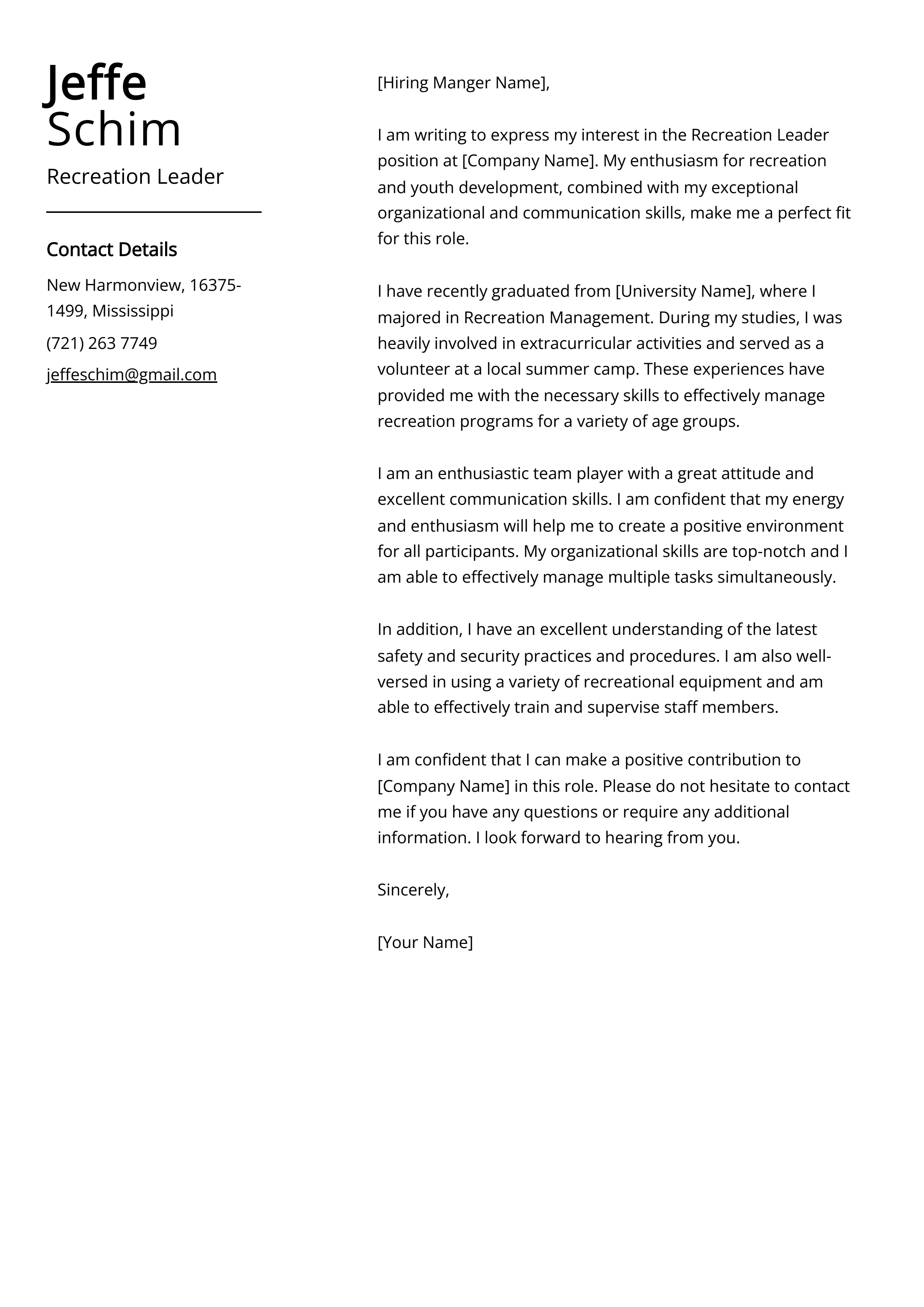 Recreation Leader Cover Letter Example