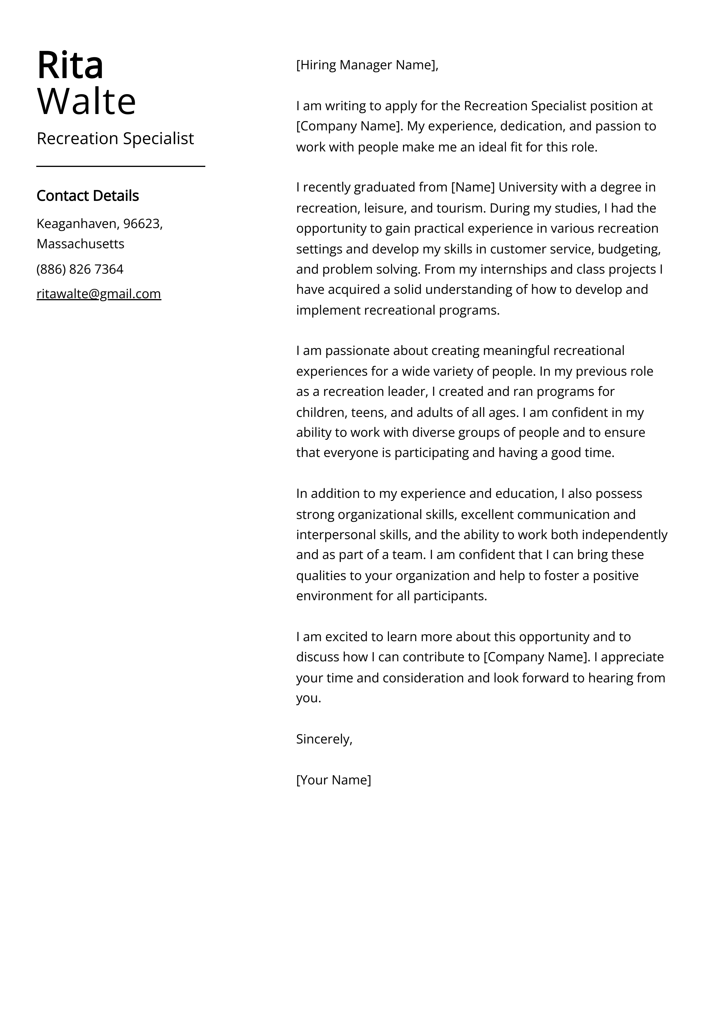 Recreation Specialist Cover Letter Example