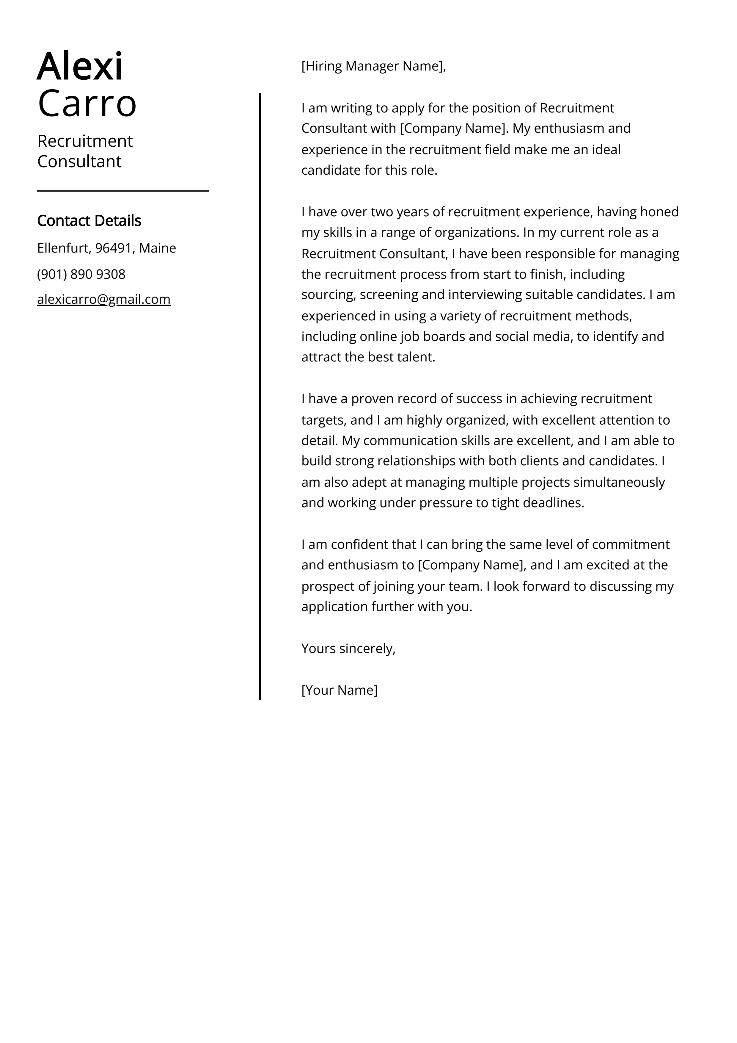 Recruitment Consultant Cover Letter Example