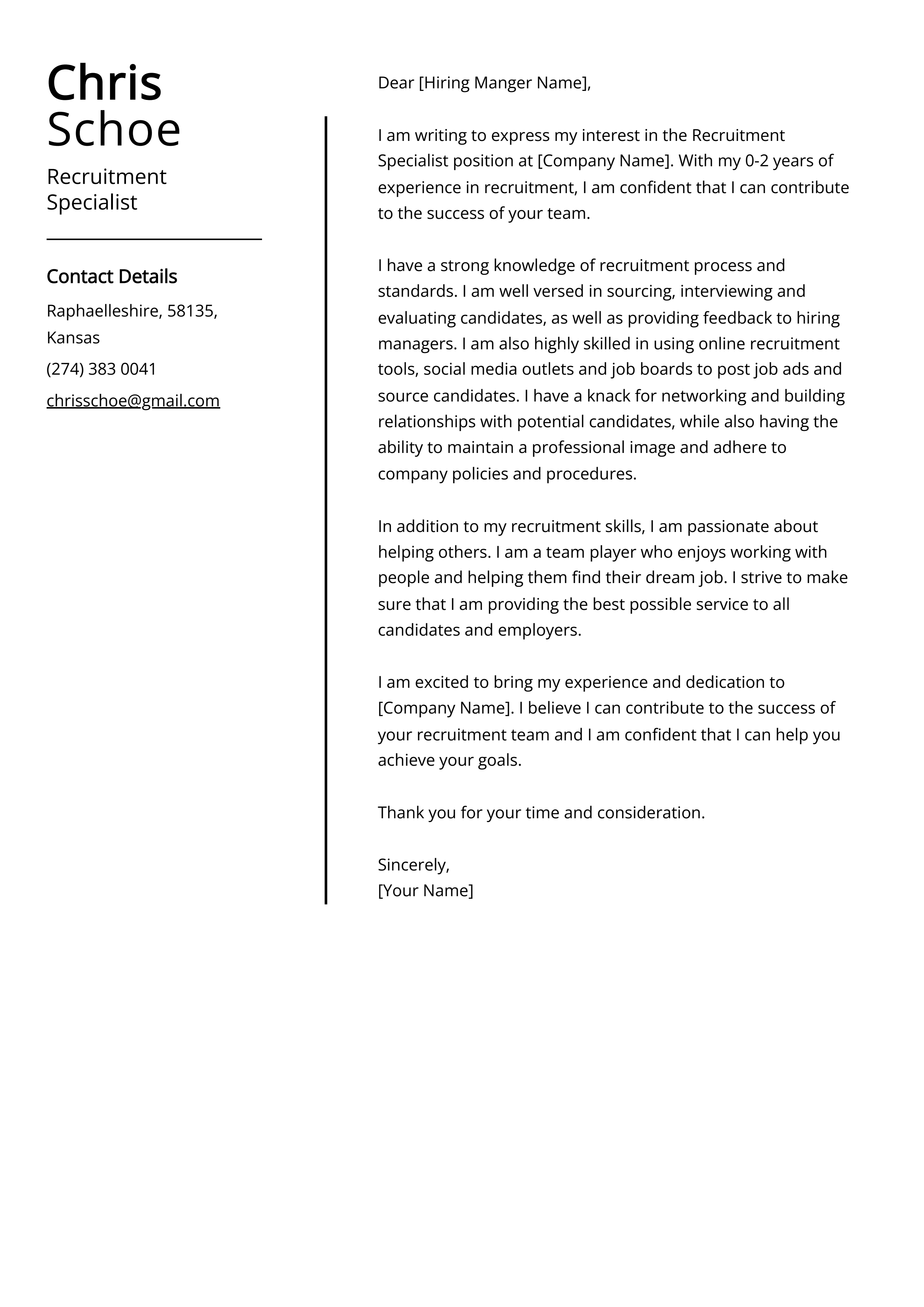 Recruitment Specialist Cover Letter Example