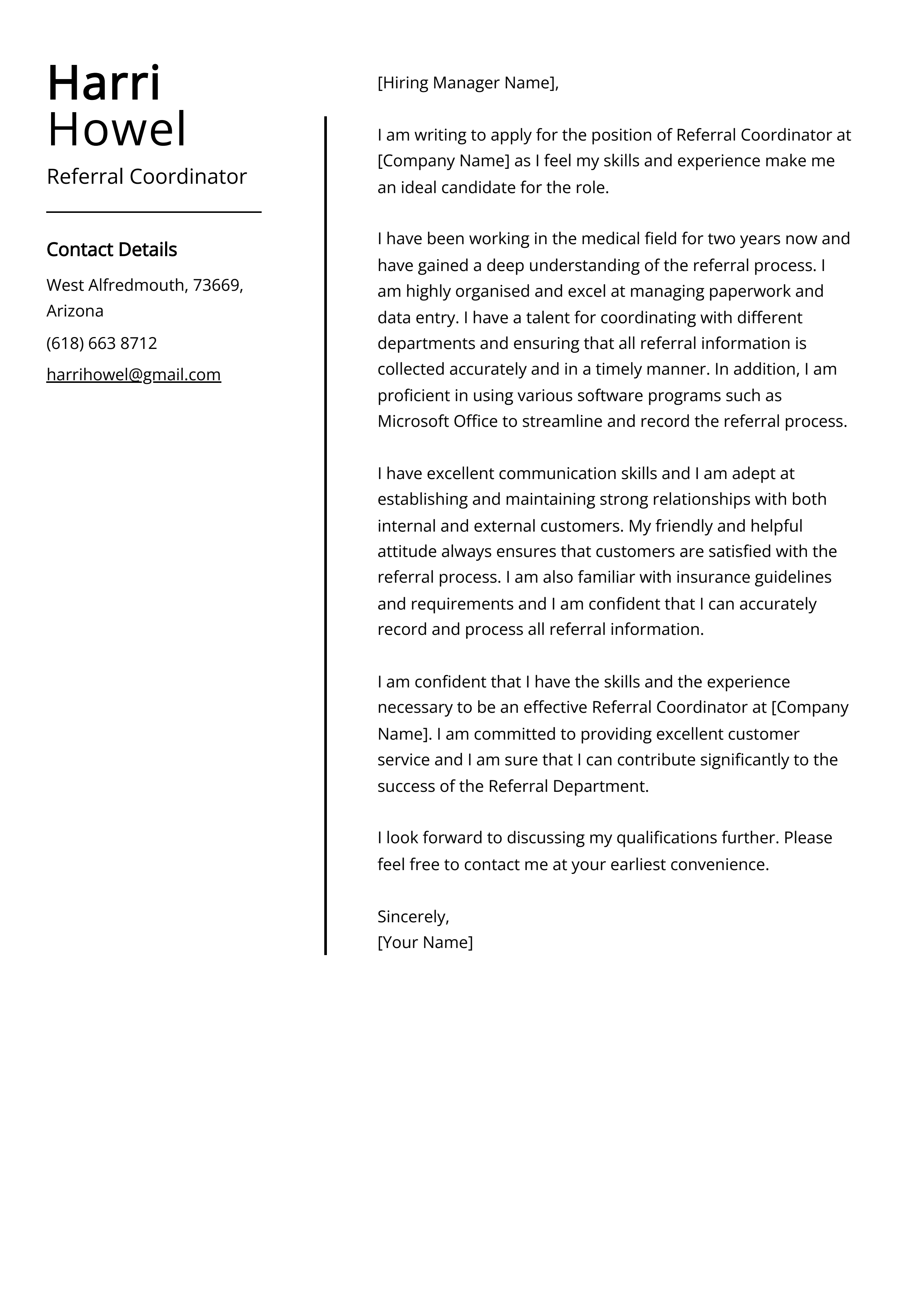 Referral Coordinator Cover Letter Example