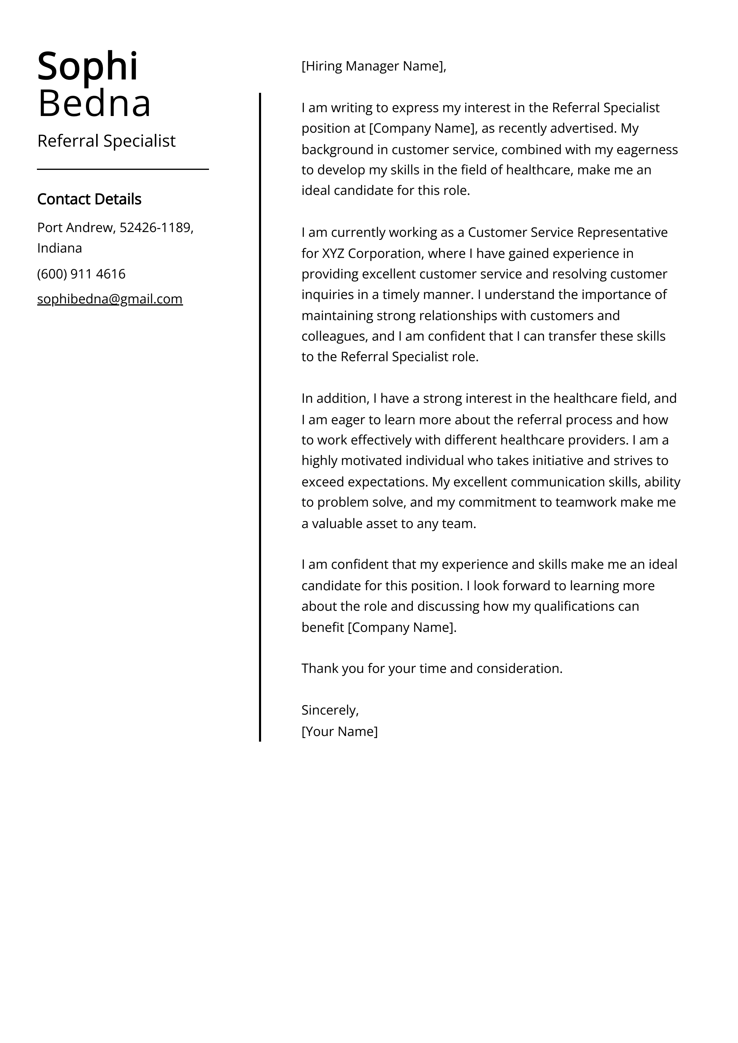 Referral Specialist Cover Letter Example