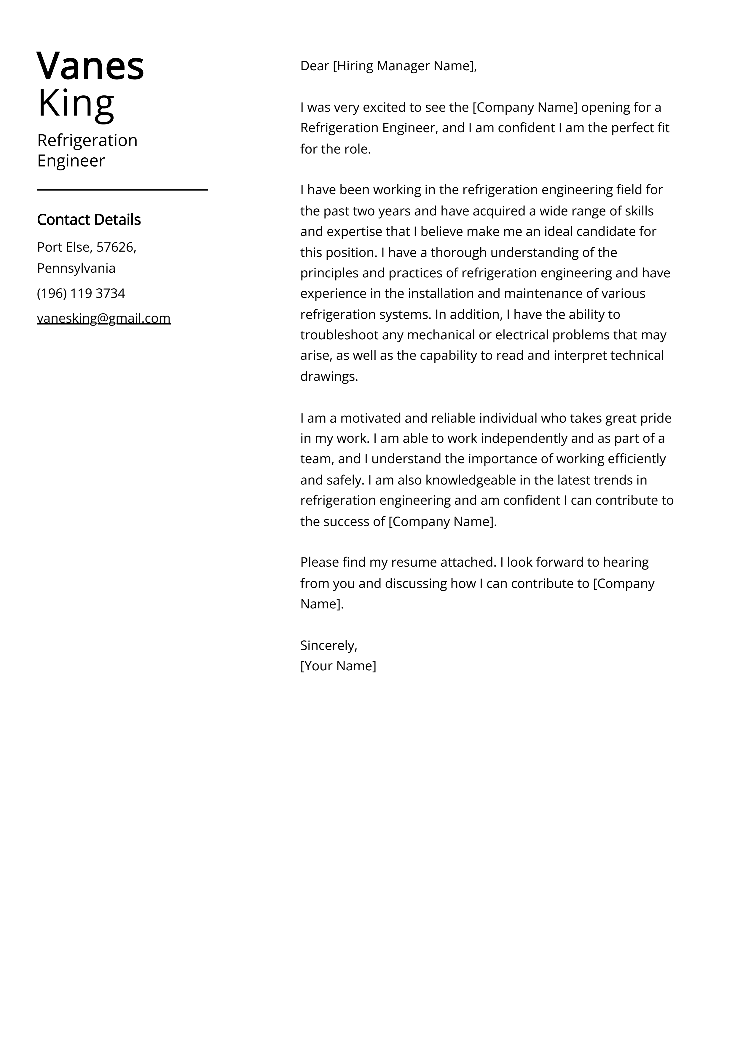 Refrigeration Engineer Cover Letter Example