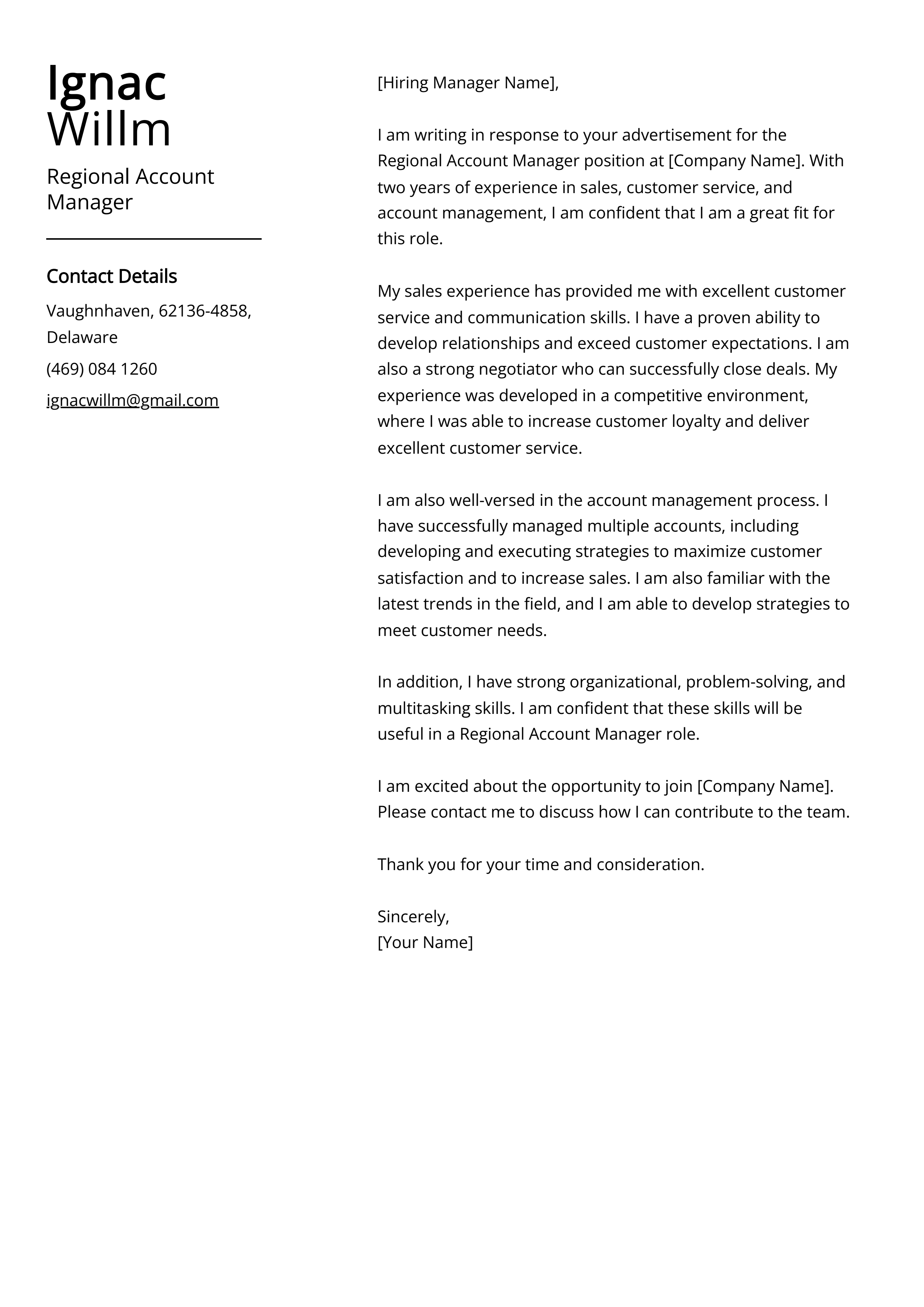 Regional Account Manager Cover Letter Example