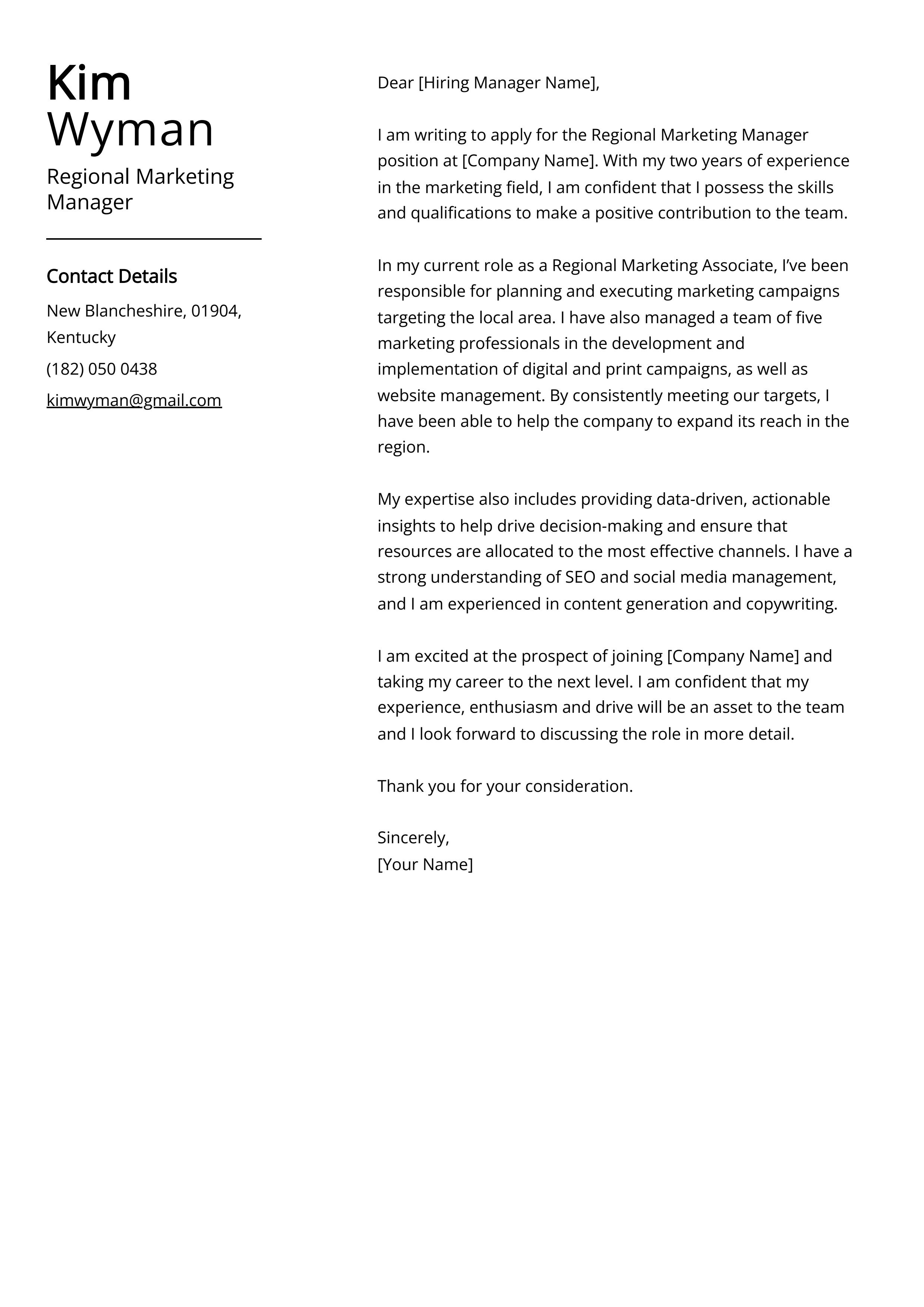 Regional Marketing Manager Cover Letter Example