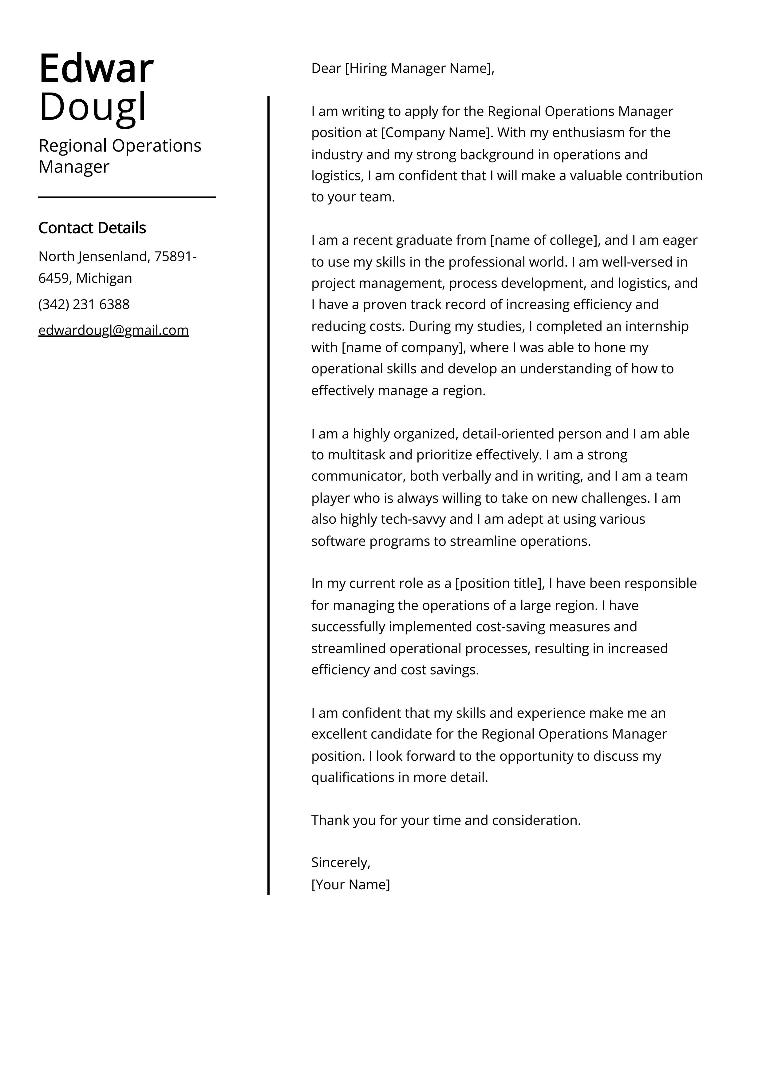 Regional Operations Manager Cover Letter Example