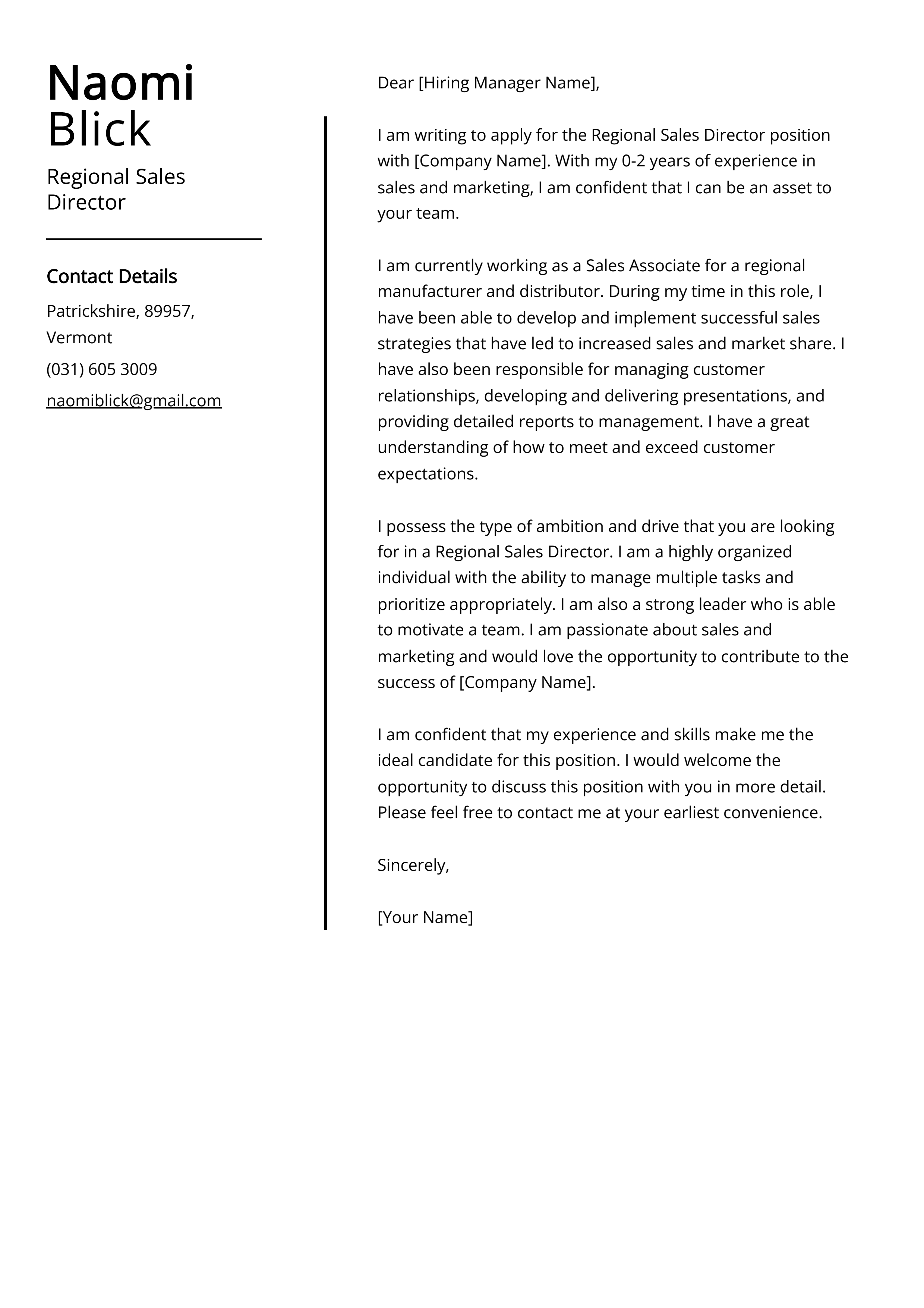 Regional Sales Director Cover Letter Example