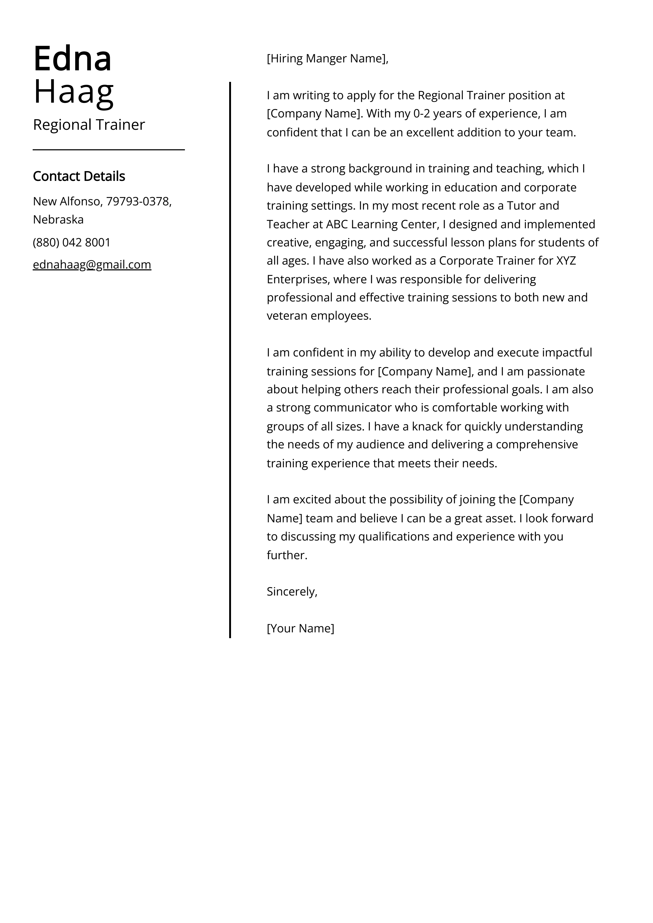 Regional Trainer Cover Letter Example