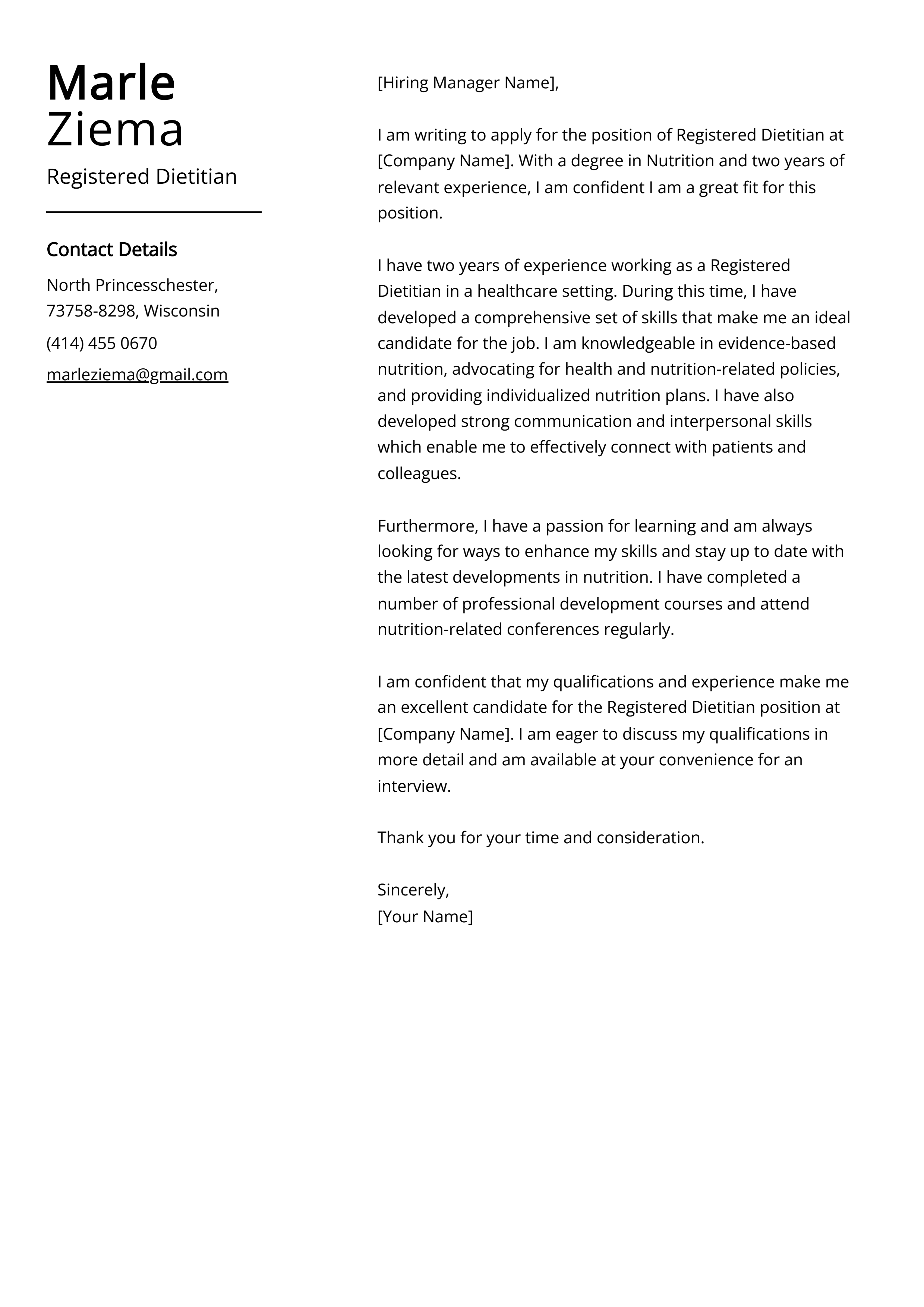 Registered Dietitian Cover Letter Example