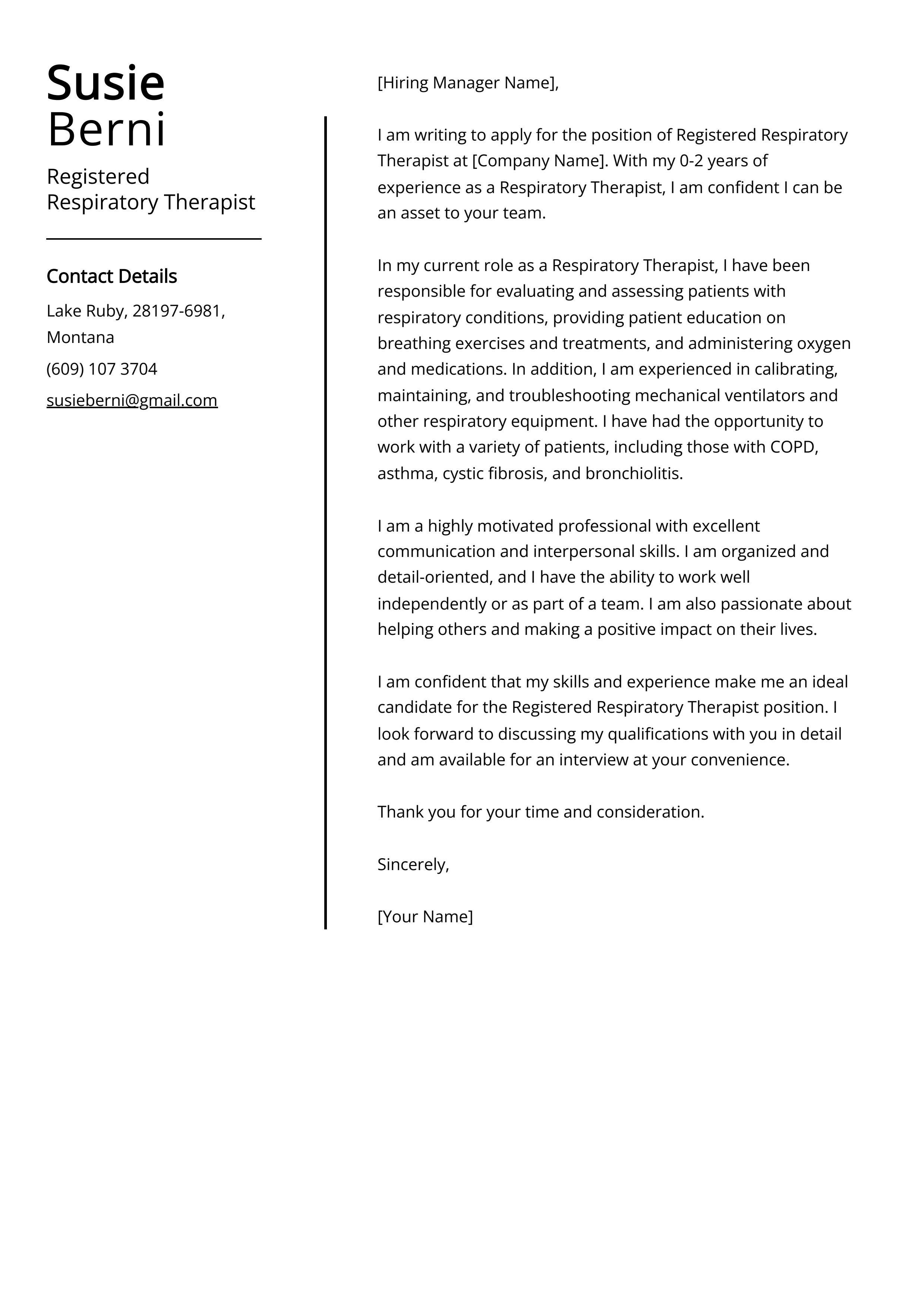 Registered Respiratory Therapist Cover Letter Example