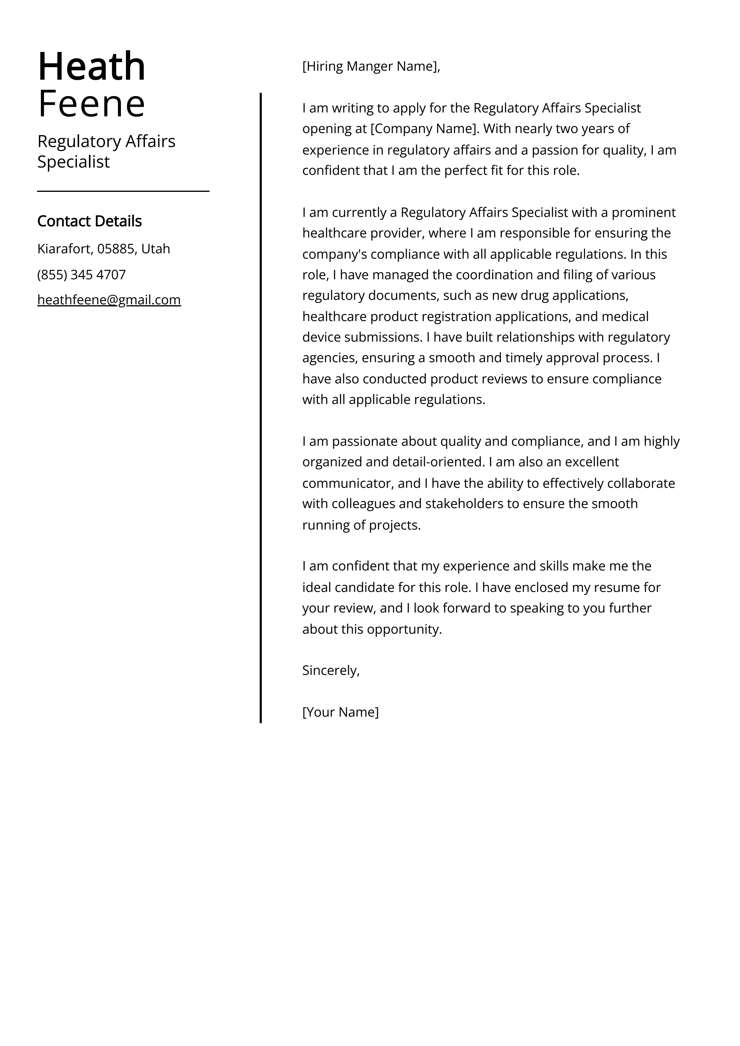 Regulatory Affairs Specialist Cover Letter Example