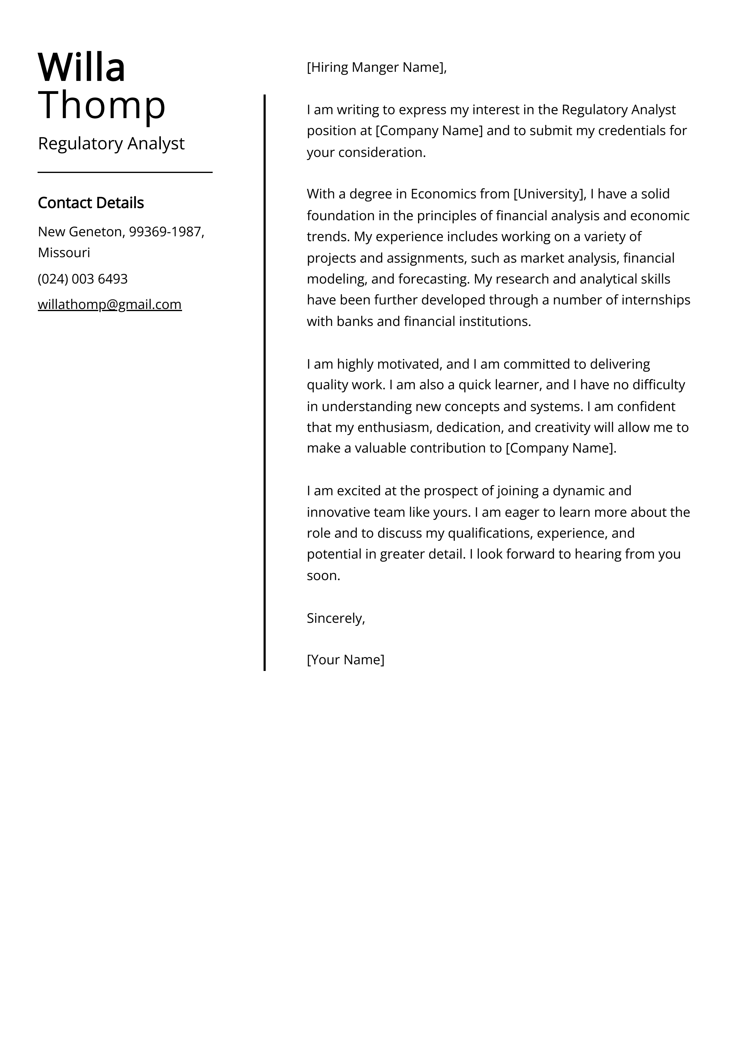 Regulatory Analyst Cover Letter Example