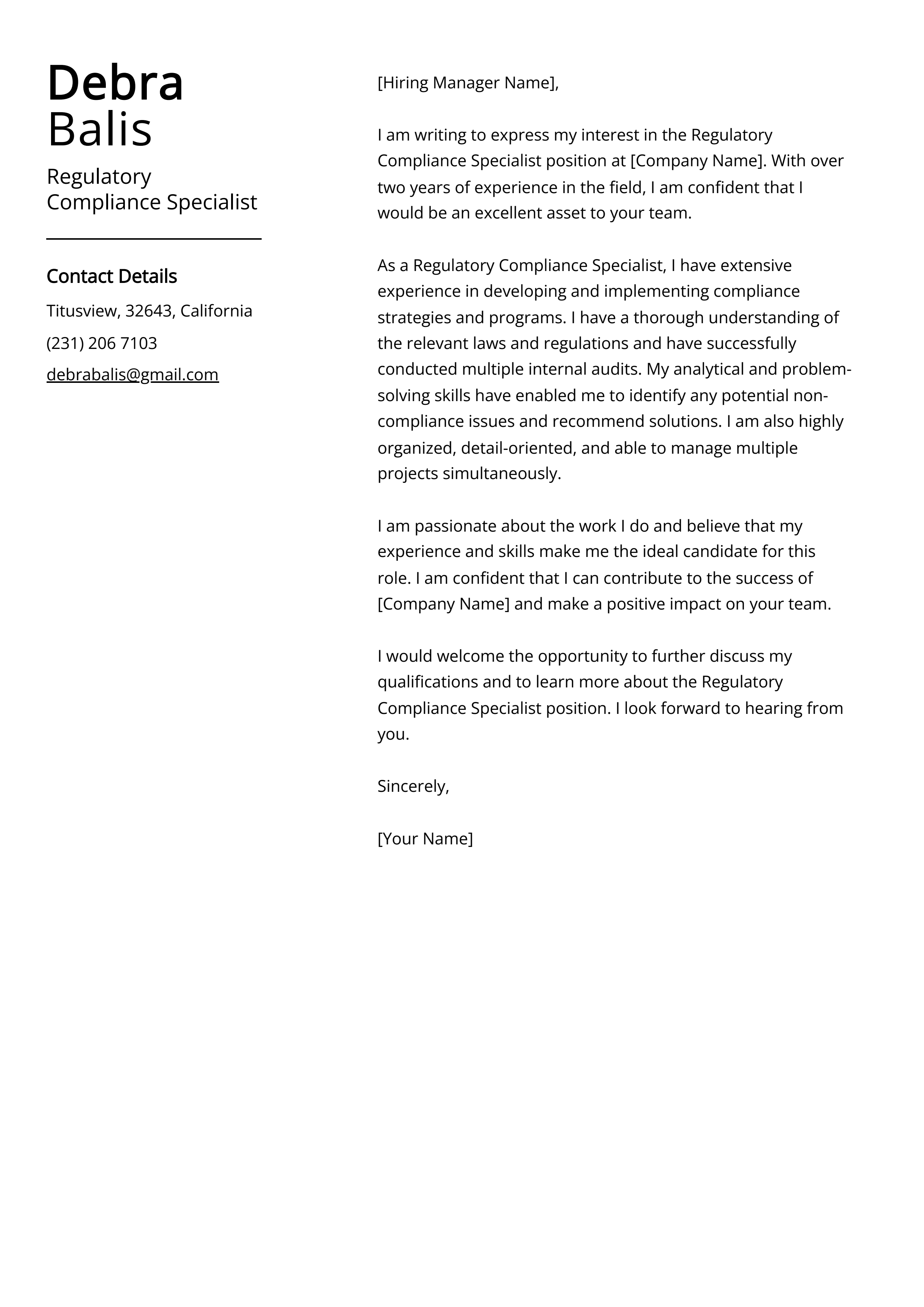 Regulatory Compliance Specialist Cover Letter Example