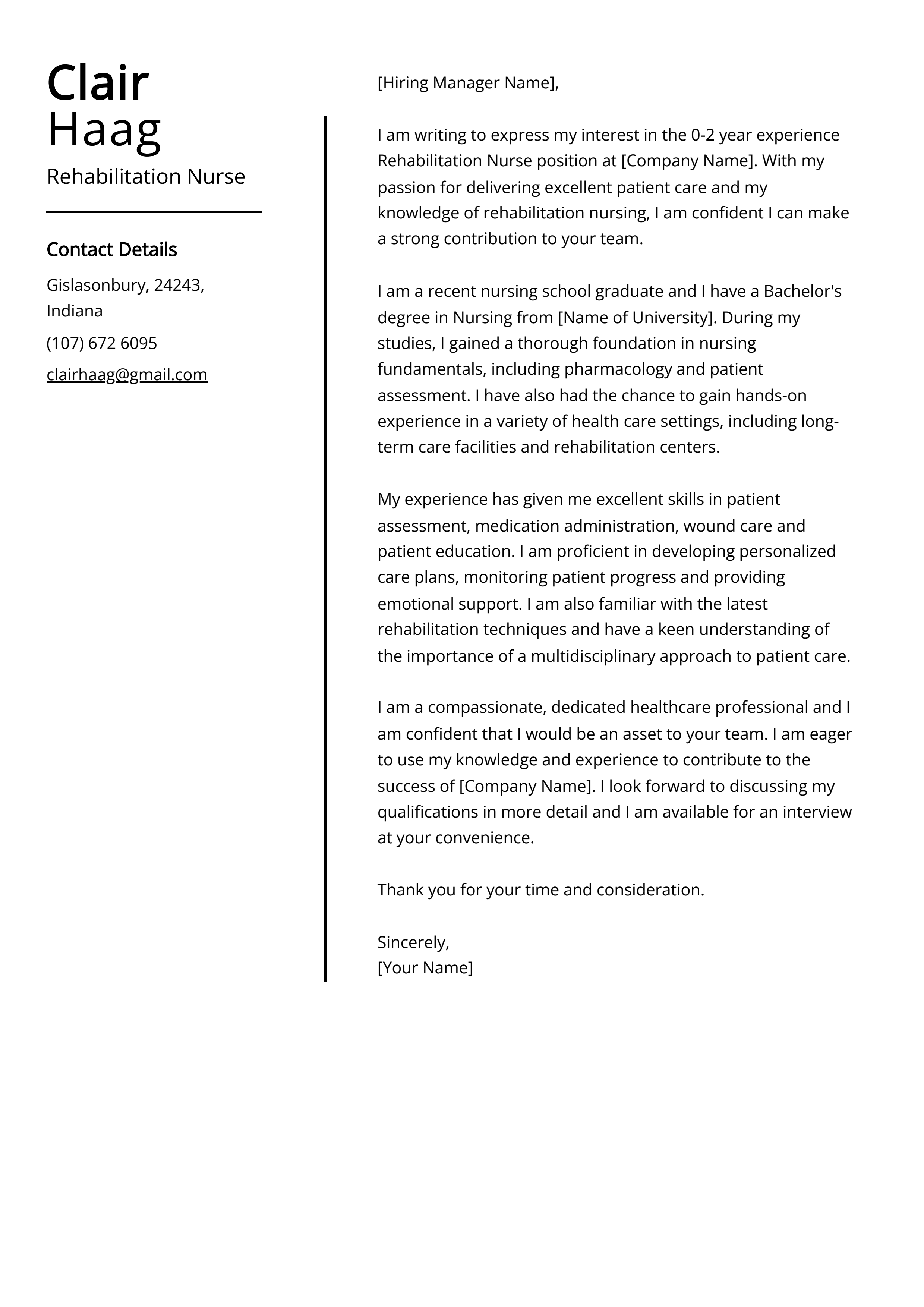 Rehabilitation Nurse Cover Letter Example