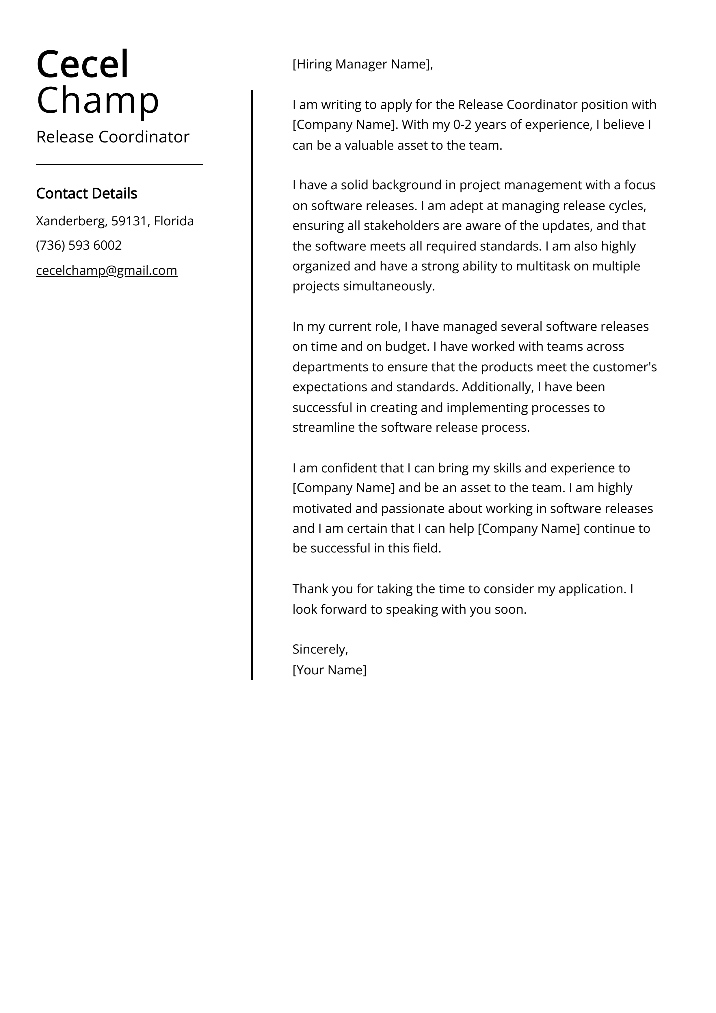 Release Coordinator Cover Letter Example