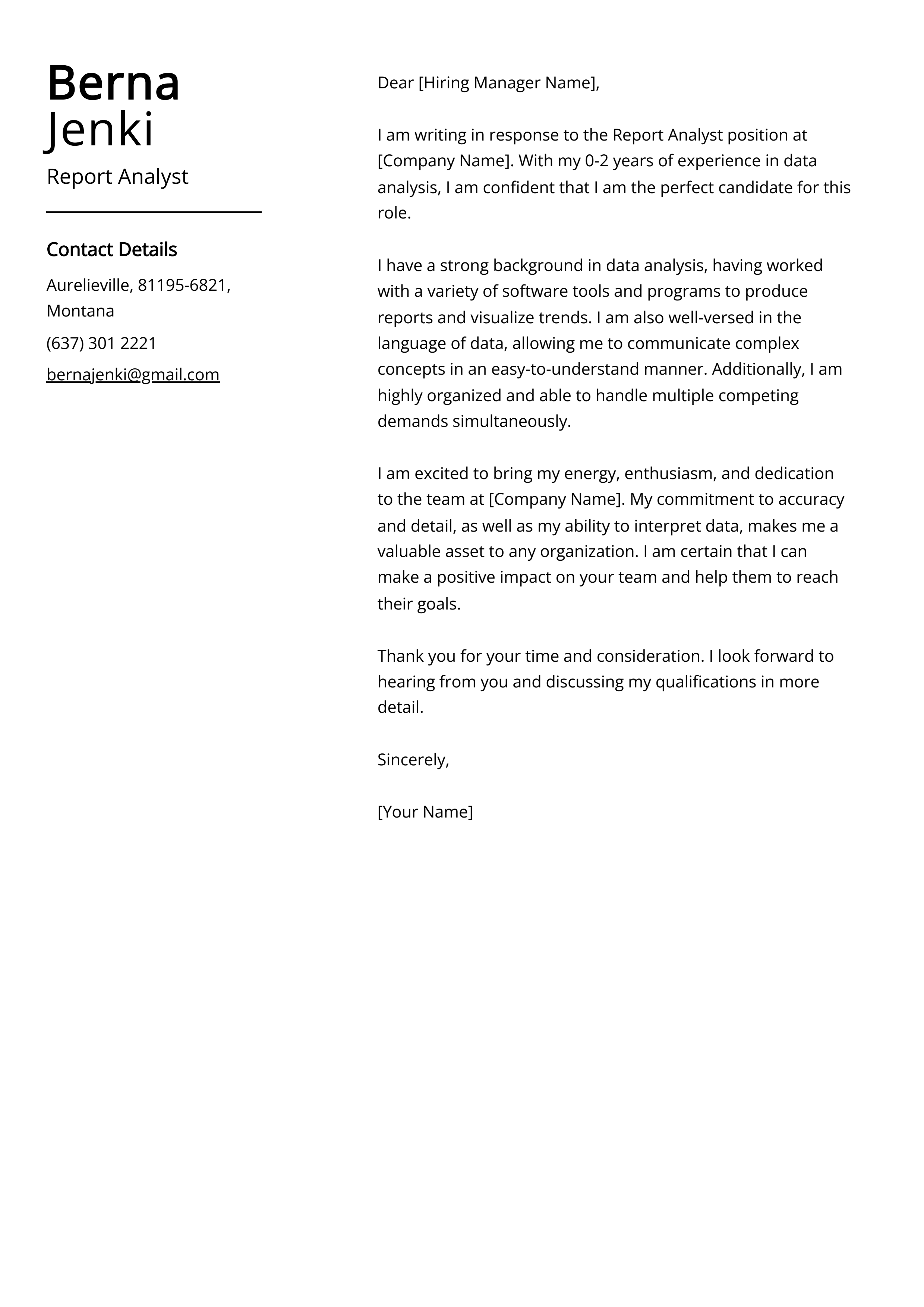 Report Analyst Cover Letter Example